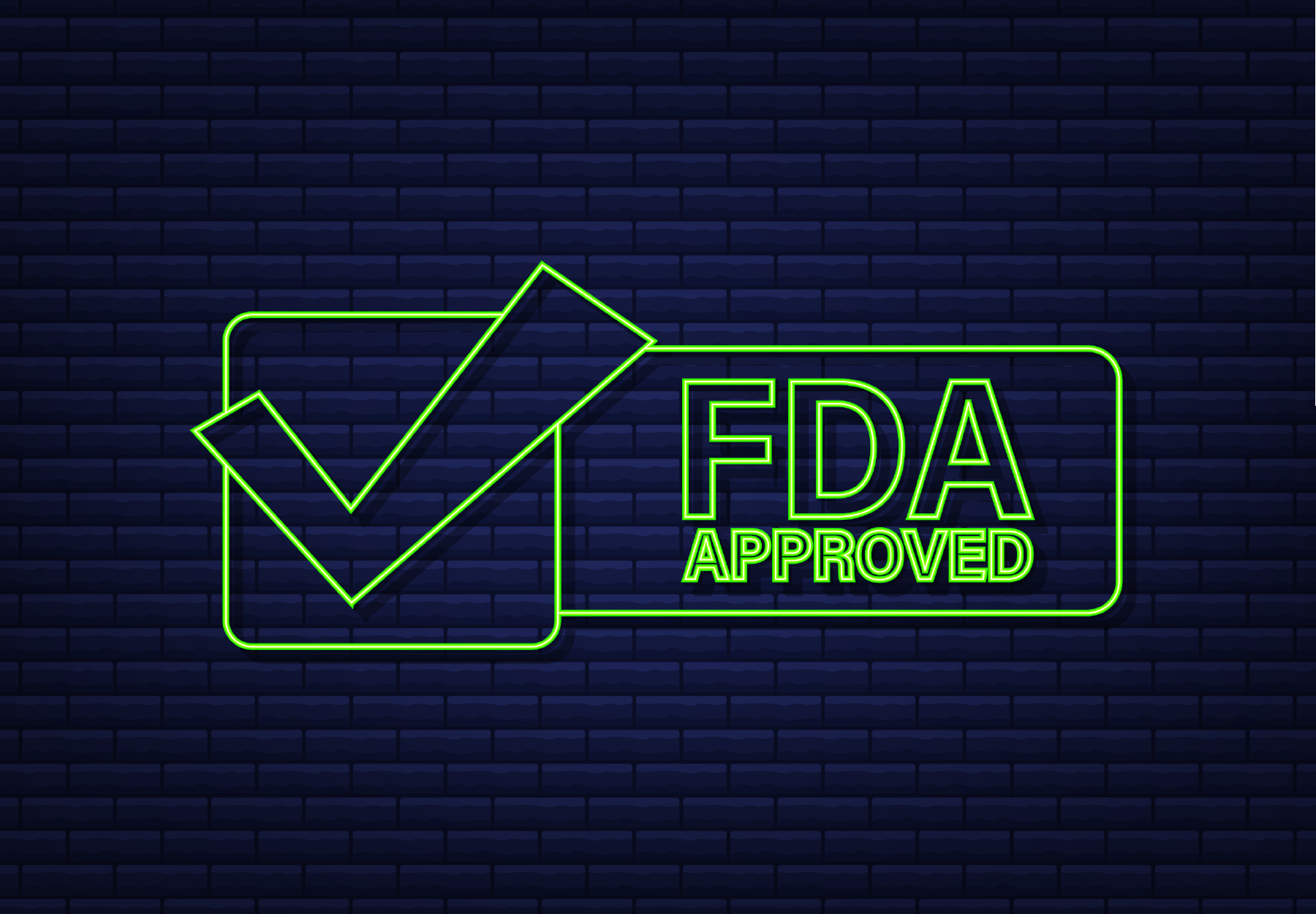 A green neon sign, reading "FDA approved"