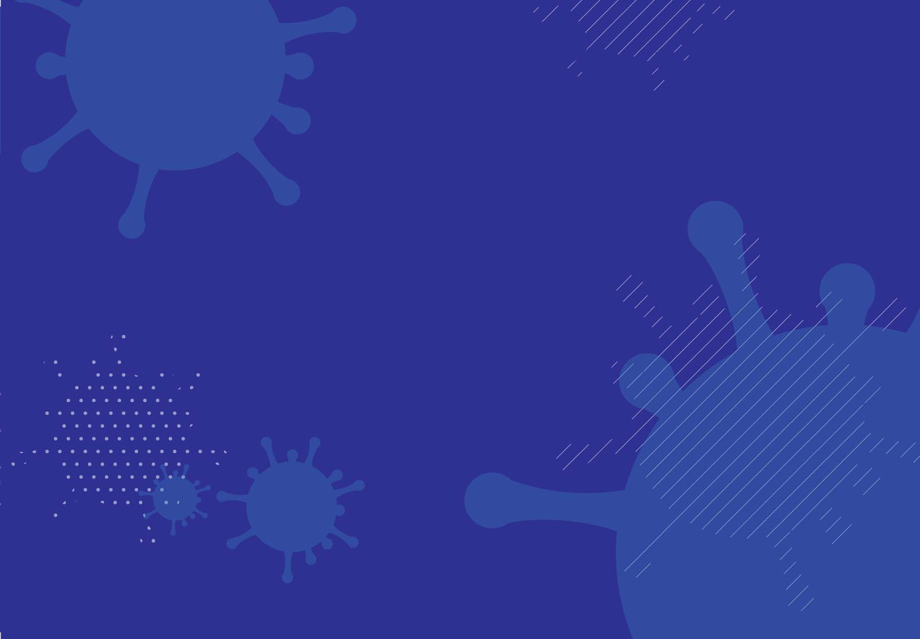 An illustration with light blue coronavirus particles on a dark blue background