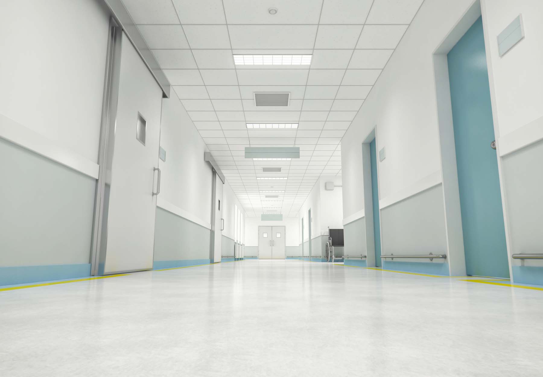 The empty hallway of a hospital.