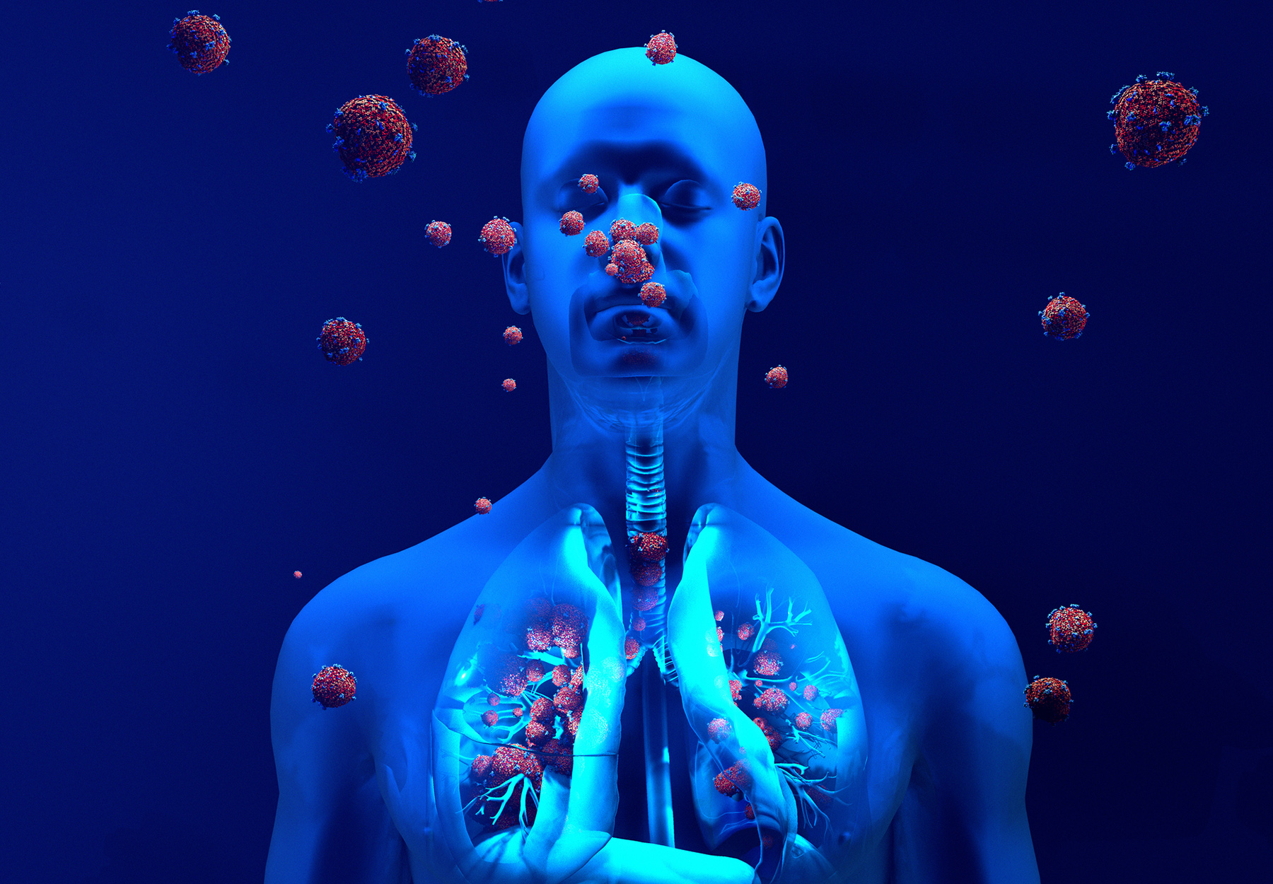 Droplets infected with a virus spray into the air, Human lungs infected by the Coronavirus or by virus, Respiratory infection caused by a virus. SARS
