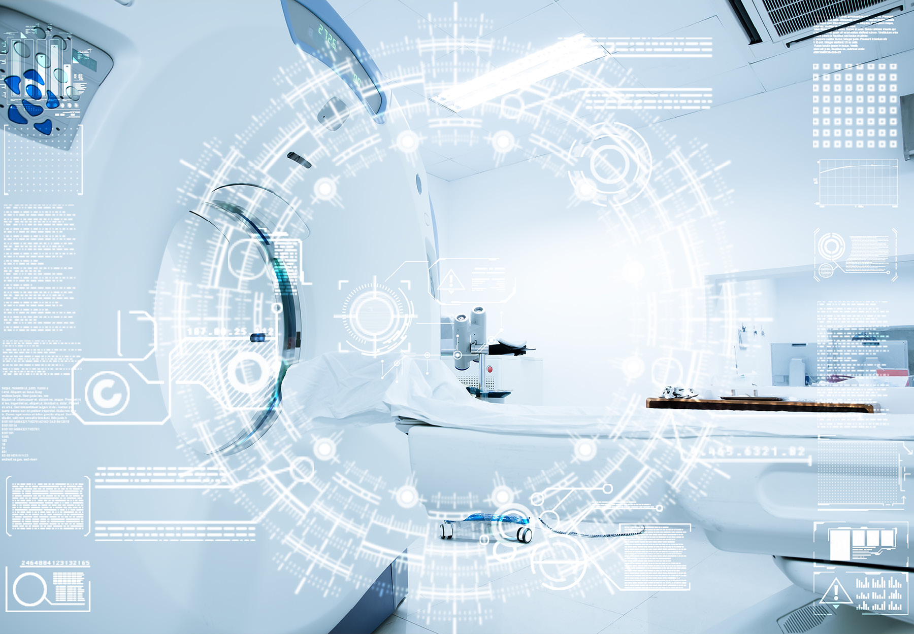 A hospital room full of a variety of medical devices with a HUD overlay to symbolize breakthrough medical devices.