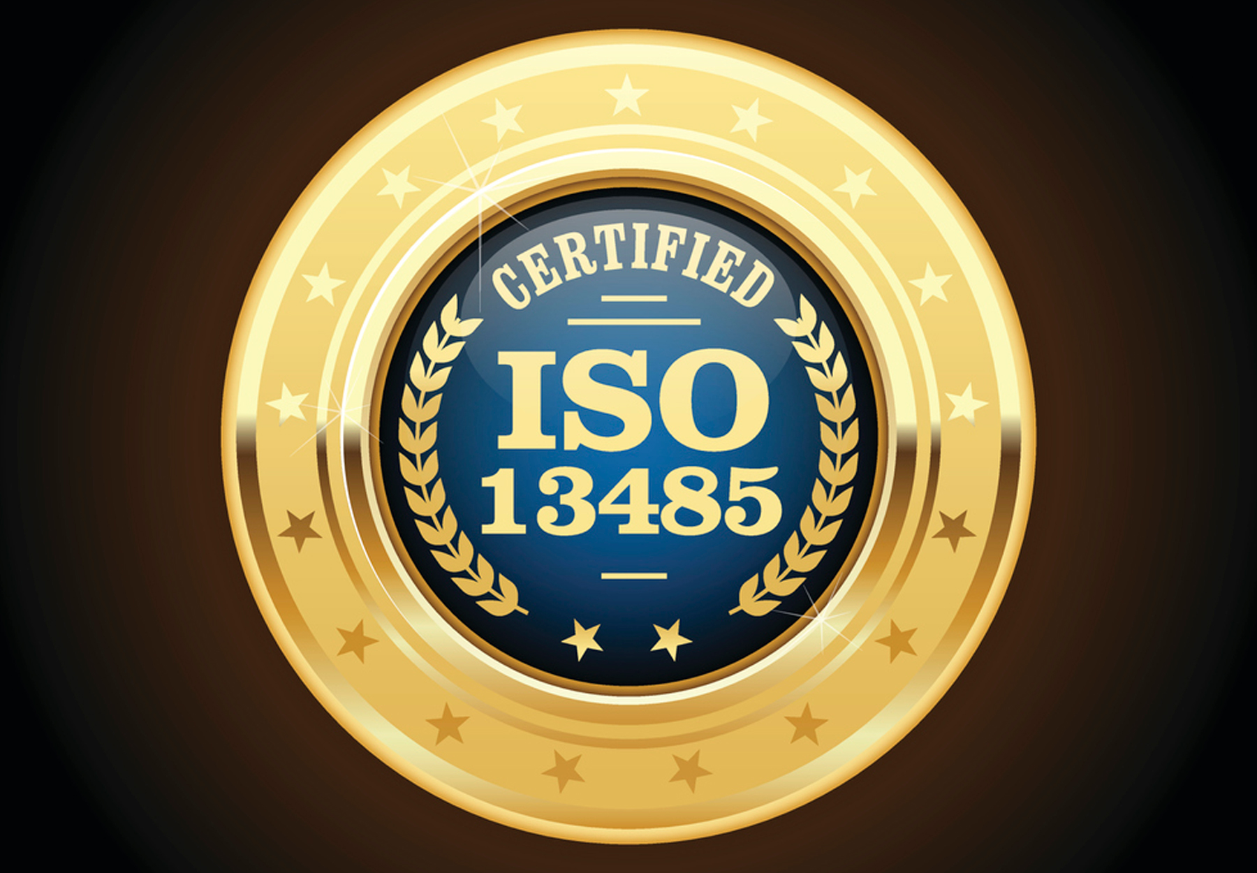 A gold and blue badge reading "ISO 13485 certified"
