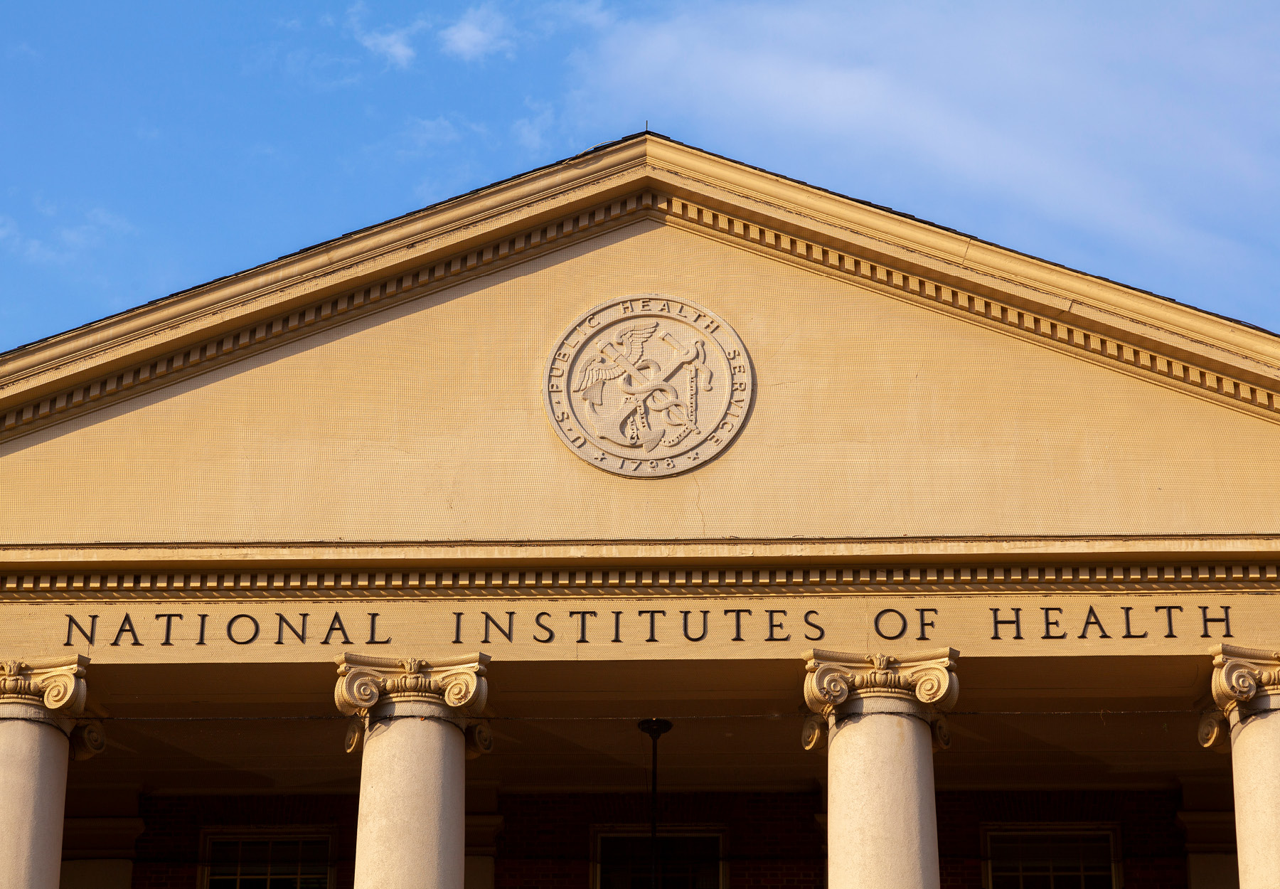 Exterior view of the main historic building (Building 1) of National Institutes of Health (NIH) inside Bethesda campus stock photo