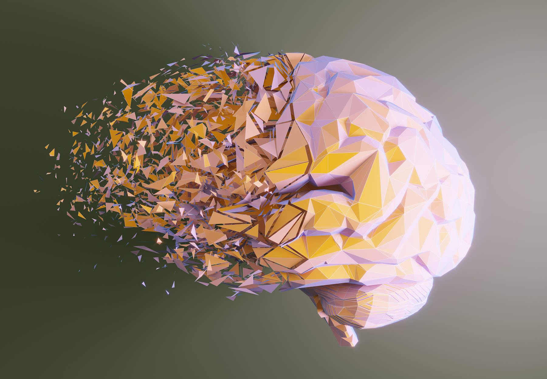Low poly human brain dissolving, symbolizing Alzheimer's disease.