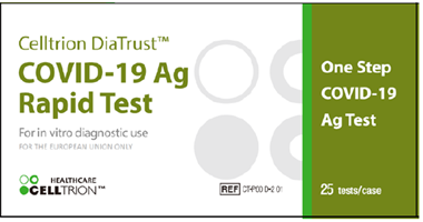 An image of the white and green packaging for the Celltrion DiaTrust COVID-19 Ag Rapid Test