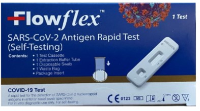 An image of the dark blue box for the ACON Laboratories Flowflex SARS-CoV-2 Antigen Rapid Test (Self-Testing) test