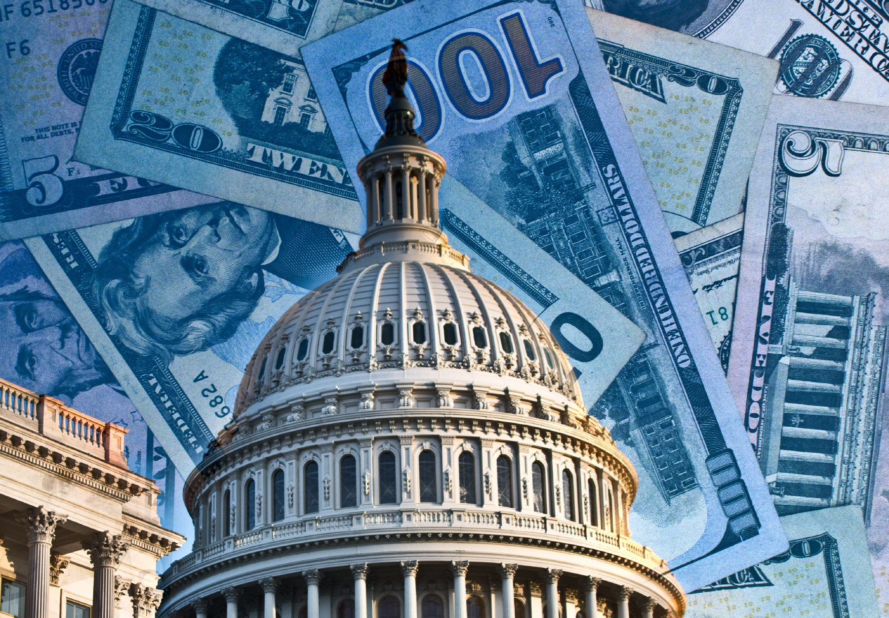 An illustration of the US Capitol building with dollar bills in the background