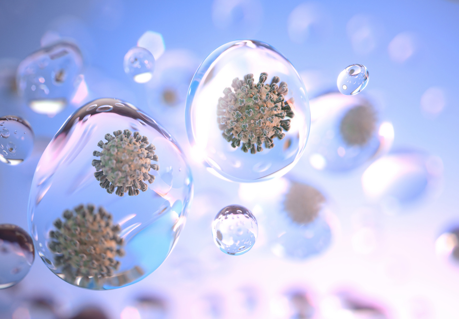 Super-high magnification of coronavirus particles (like the current SARS-CoV-2 pandemic) spread through tiny droplets of liquid (aerosols) floating through the air. Illustration for means of transmission: droplet and aerosolized infection.