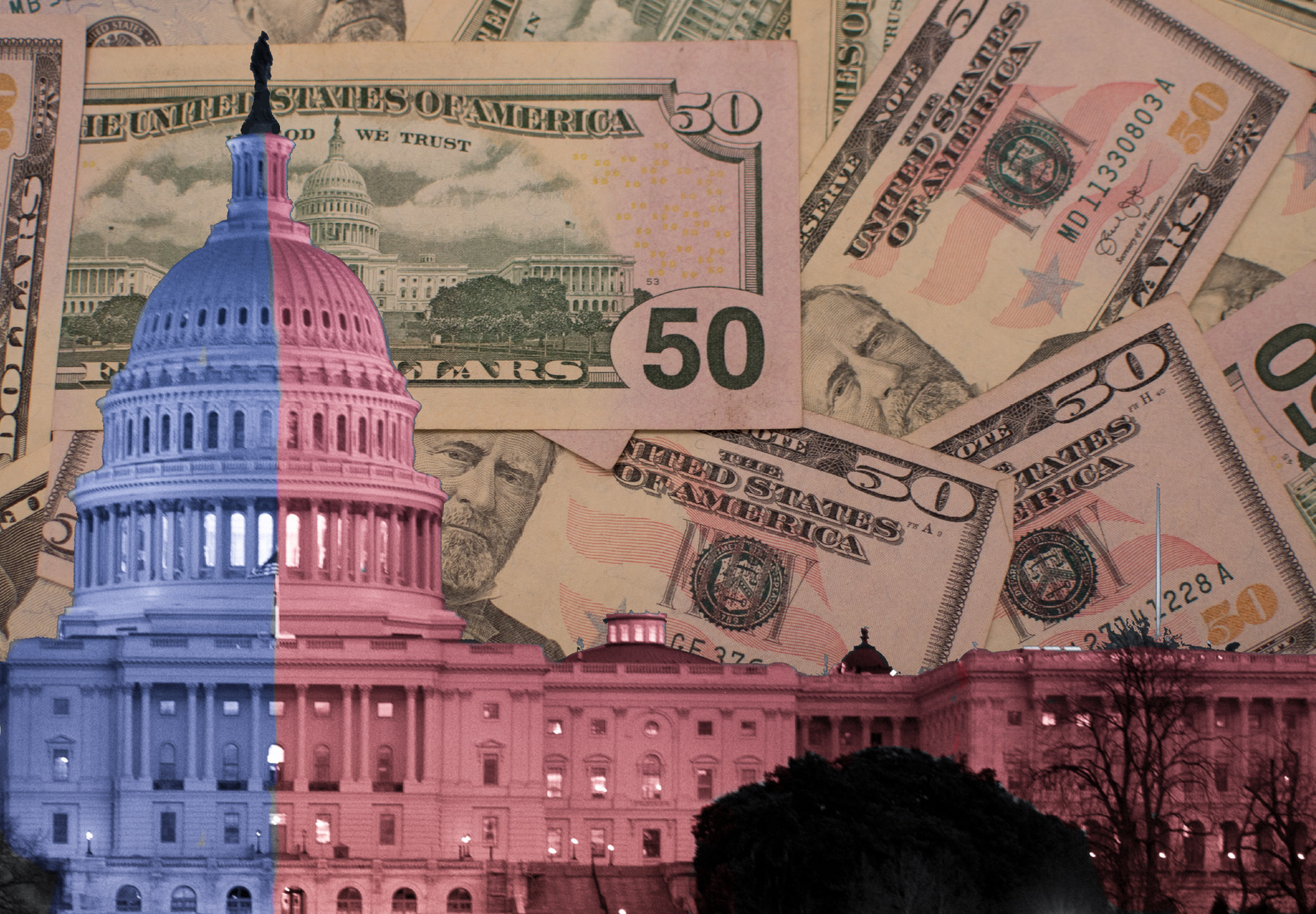 Partisan politics. An image of the Capitol Building with money in the background and the building divided into red and blue.