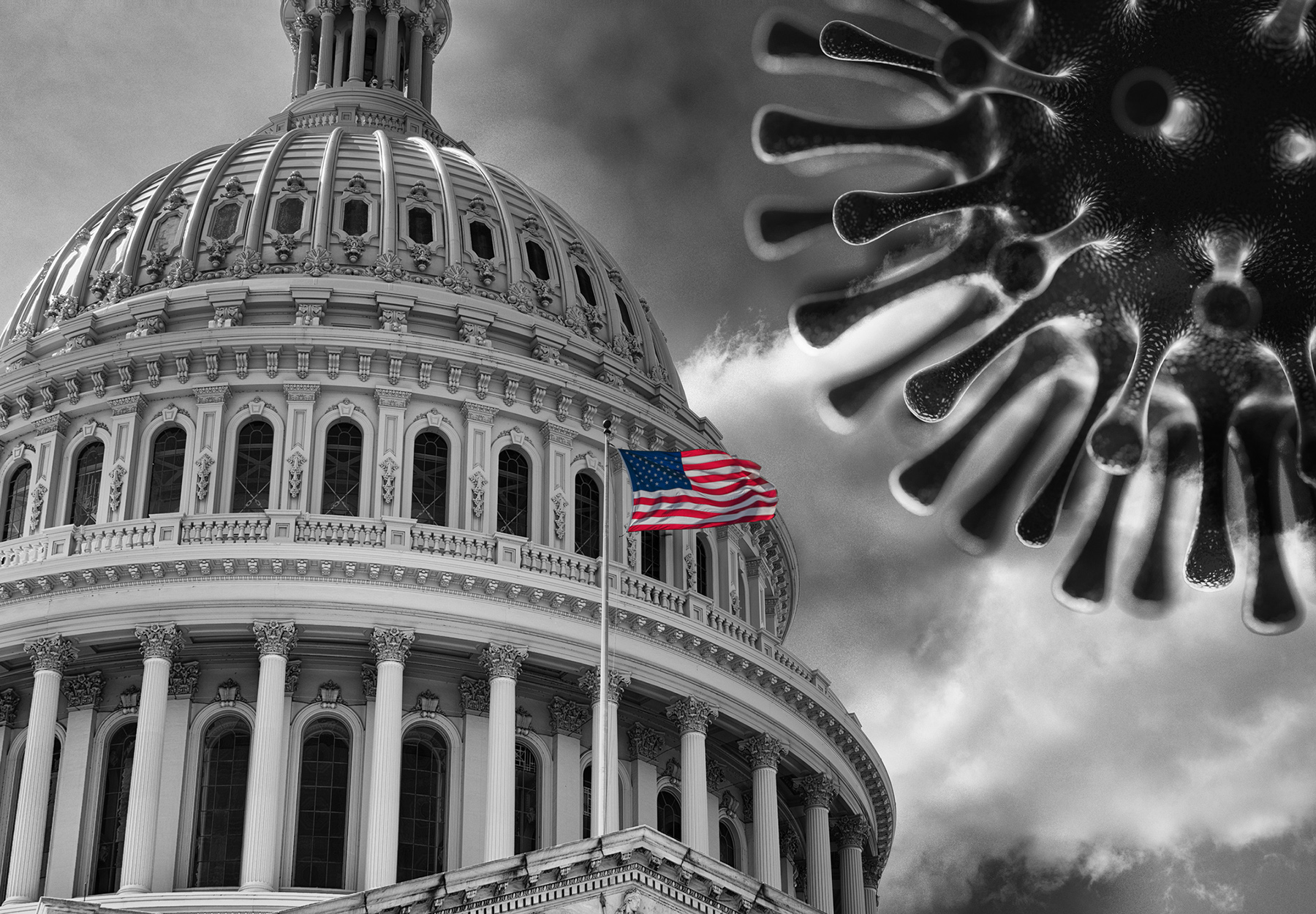 United States Flag Capitol State Building during Covid19 2020 novel coronavirus Pandemic, 3d virus medical model, Washington DC, USA