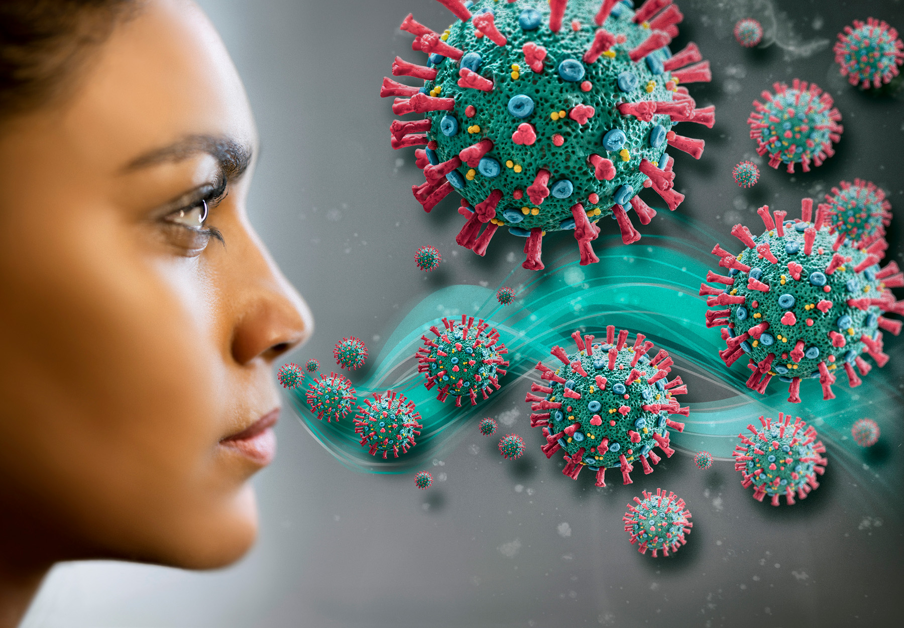 Illustration of woman in profile breathing out coronavirus particles