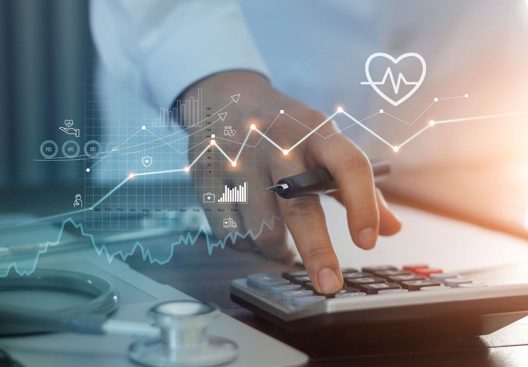 A closeup photo illustration of a hand typing on a calculator with health care-related graphics over top