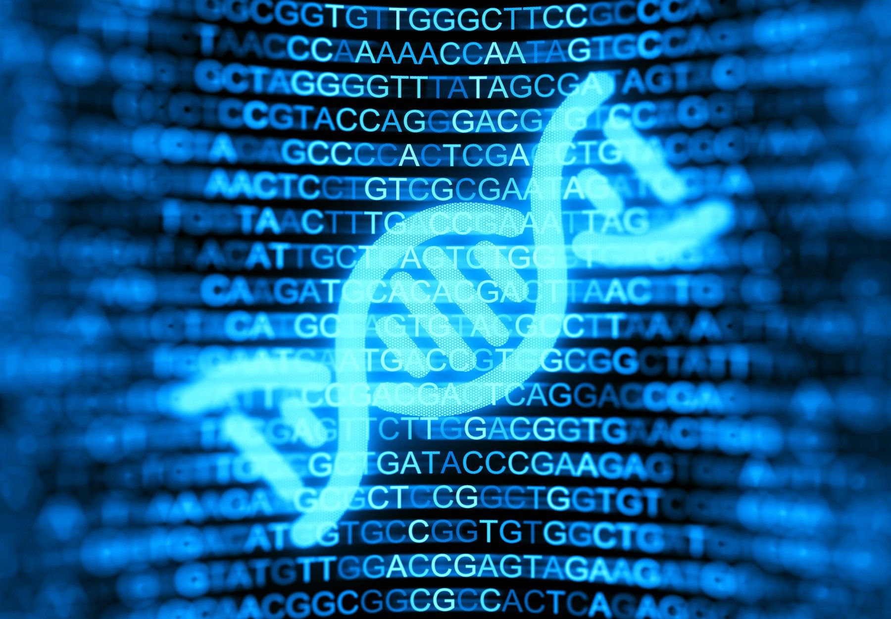 Digital screen with DNA strands and data background to represent genetic testing