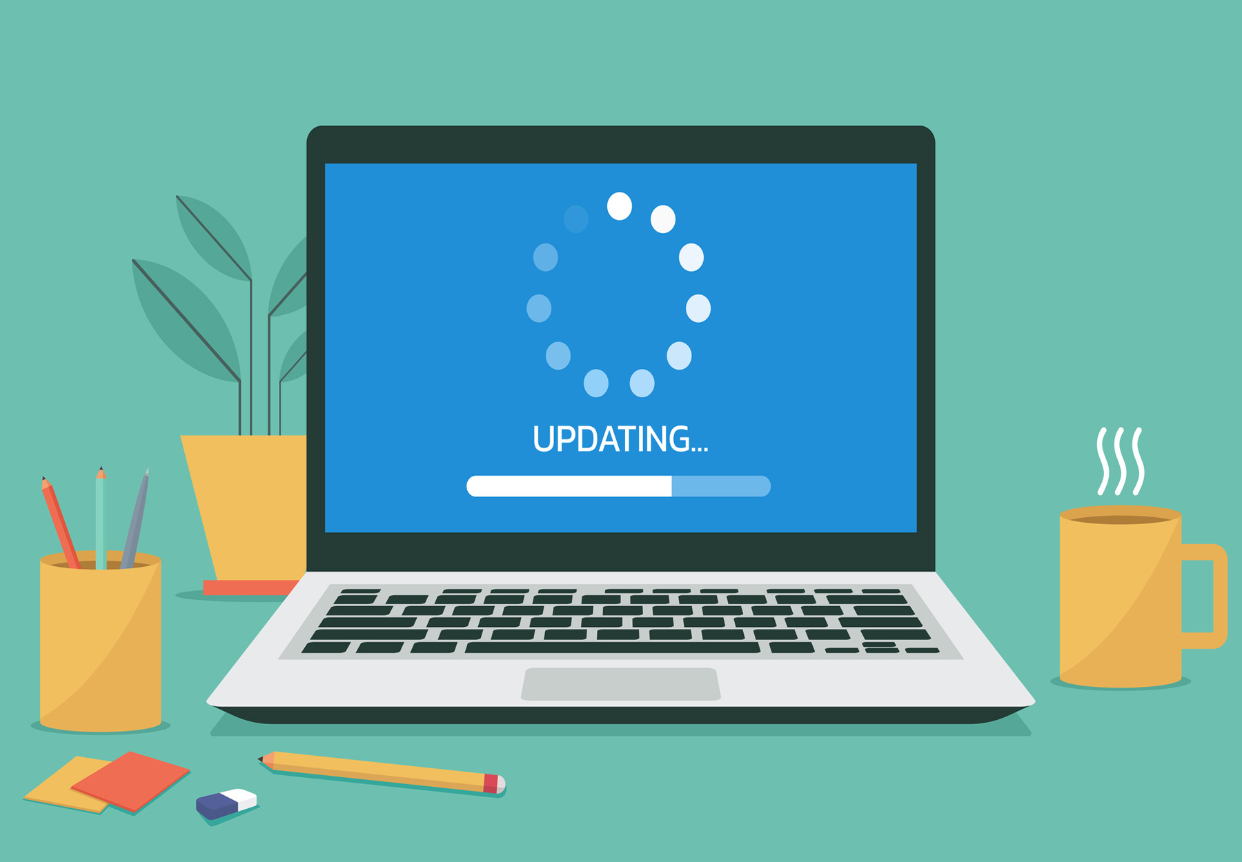 Illustration of laptop with a blue screen that reads "Updating" on it