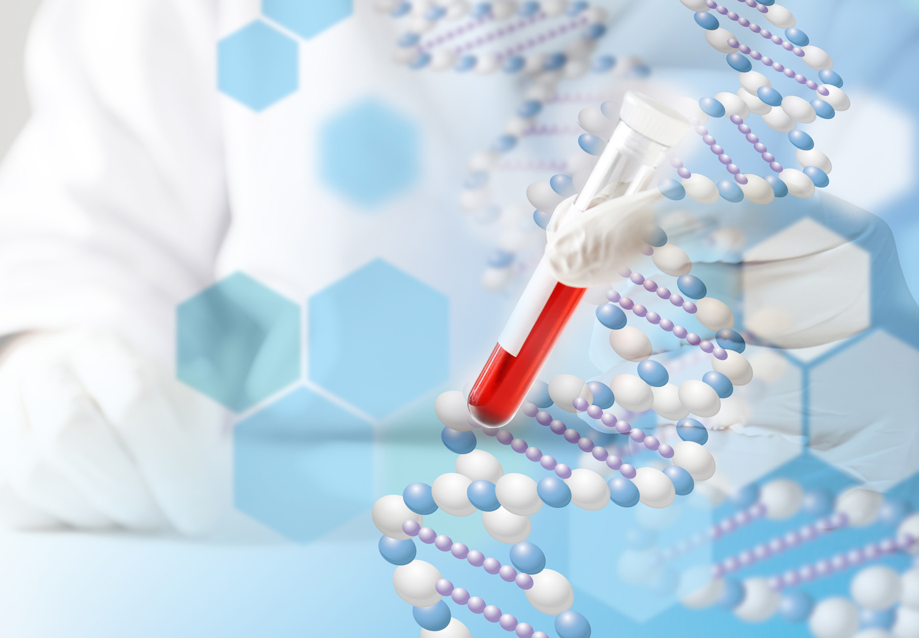 Photo illustration of test tube with blood, with a blue and white DNA helix over top and pale blue-green hexagons to show cancer genomics testing