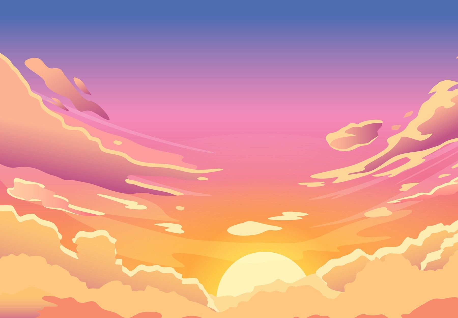 Cartoon summer sunrise with pink clouds and sunshine, evening cloudy heaven panorama.
