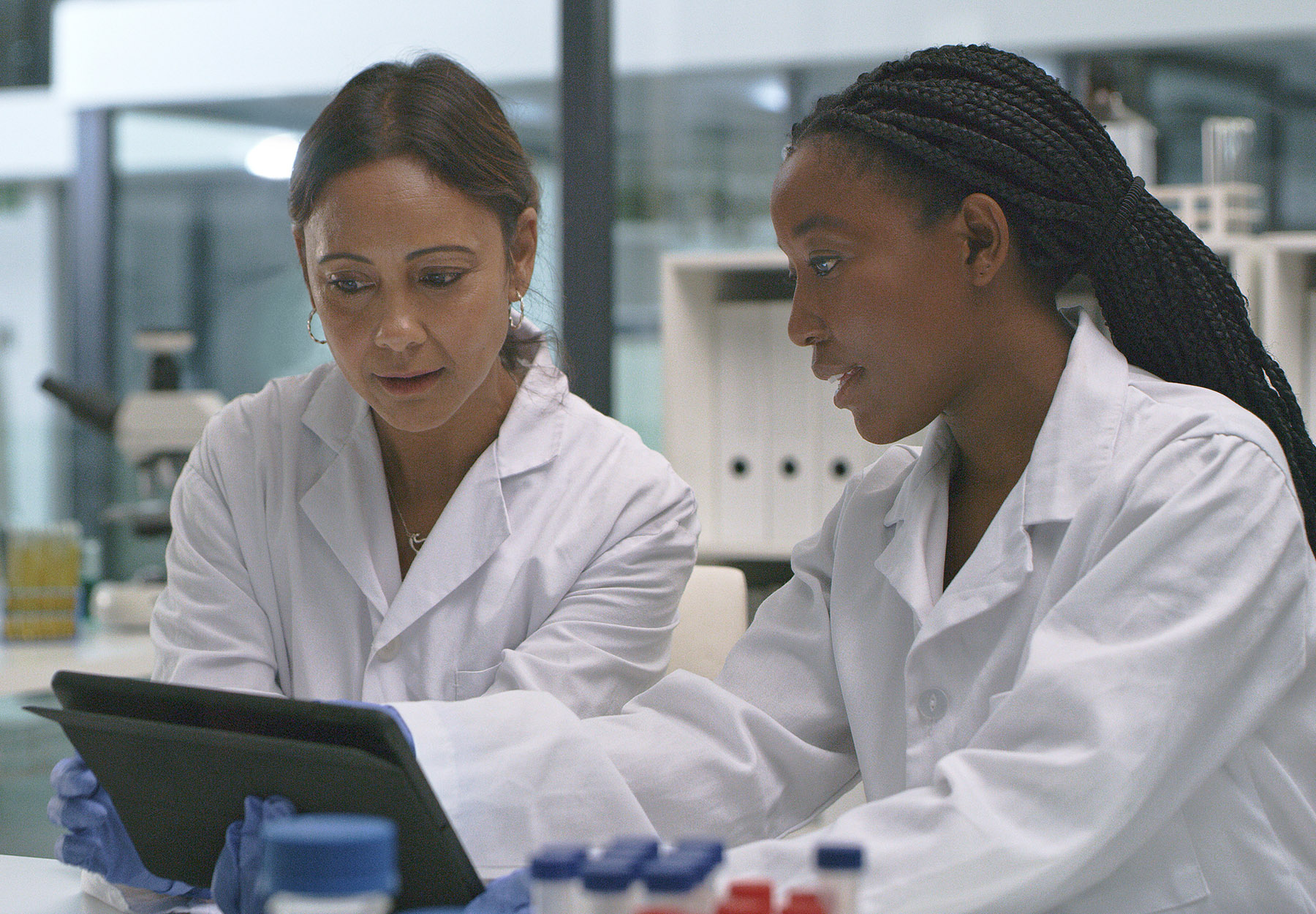Stock image of two female scientists using a computer in the lab