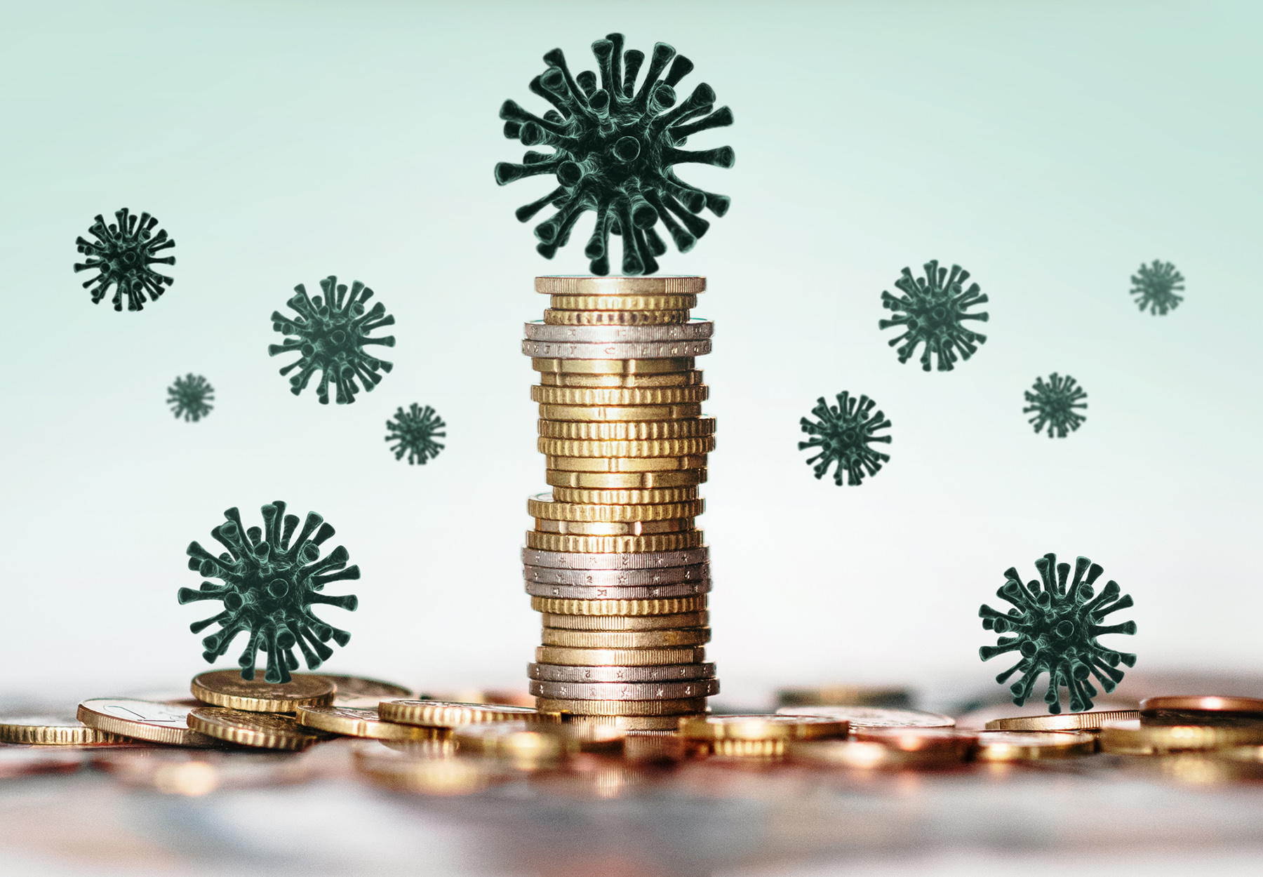 Stock photo illustration of dark green coronavirus particles on top of stack of coins.