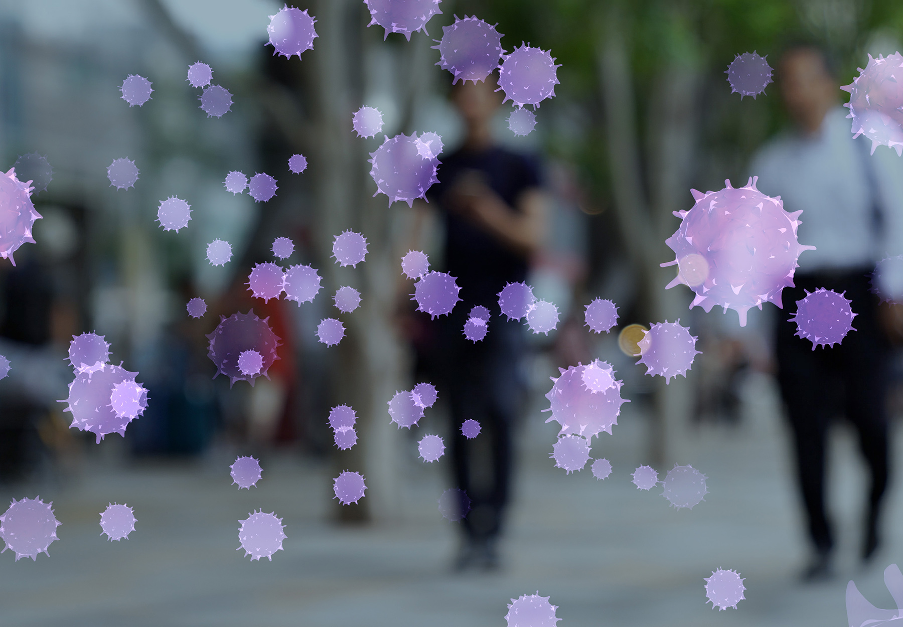 Stock photo illustration of blurred image of people walking along a city street with purple virus particles around them to represent infectious diseases