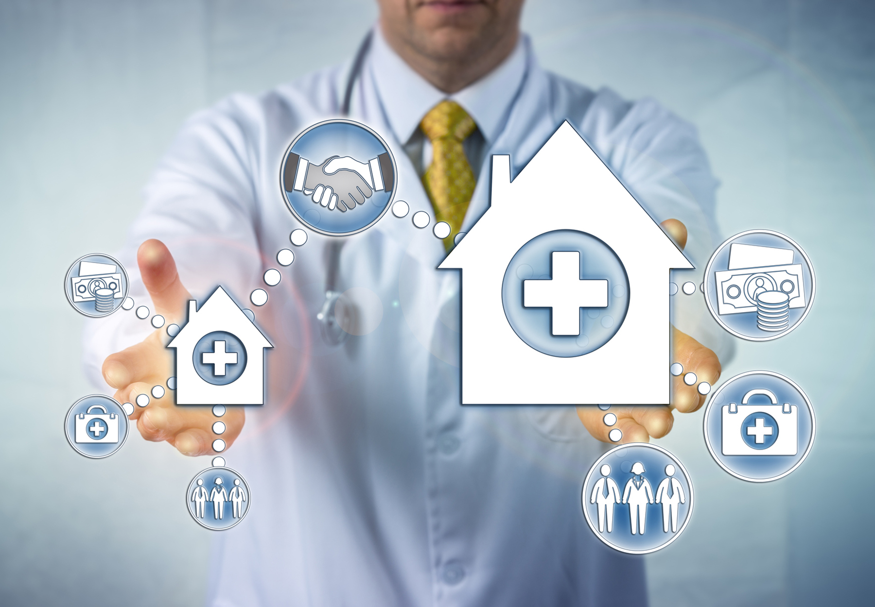 Stock photo illustration with doctor behind several healthcare-related icons meant to represent healthcare consolidation