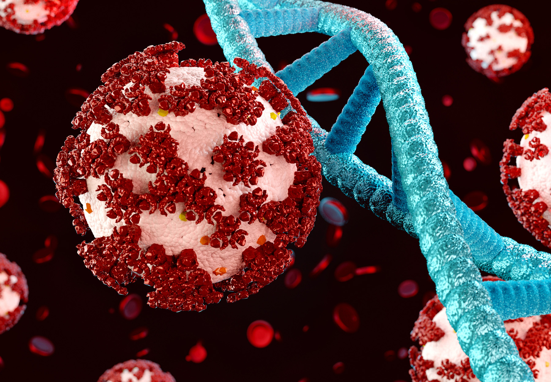 Microscopic view Coronavirus Covid-19 and DNA stock illustration