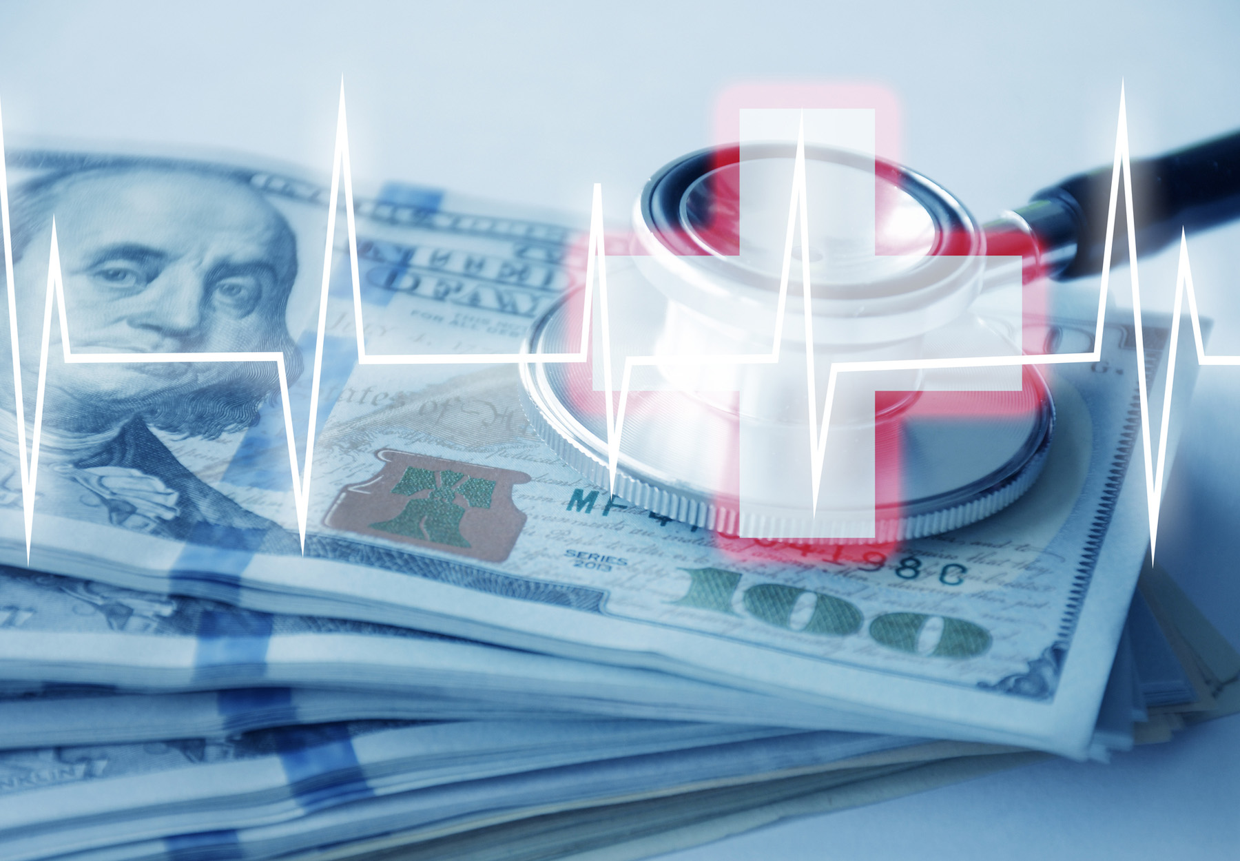 Stock photo illustration with stack of US money and stethoscope and heart rate monitor sign