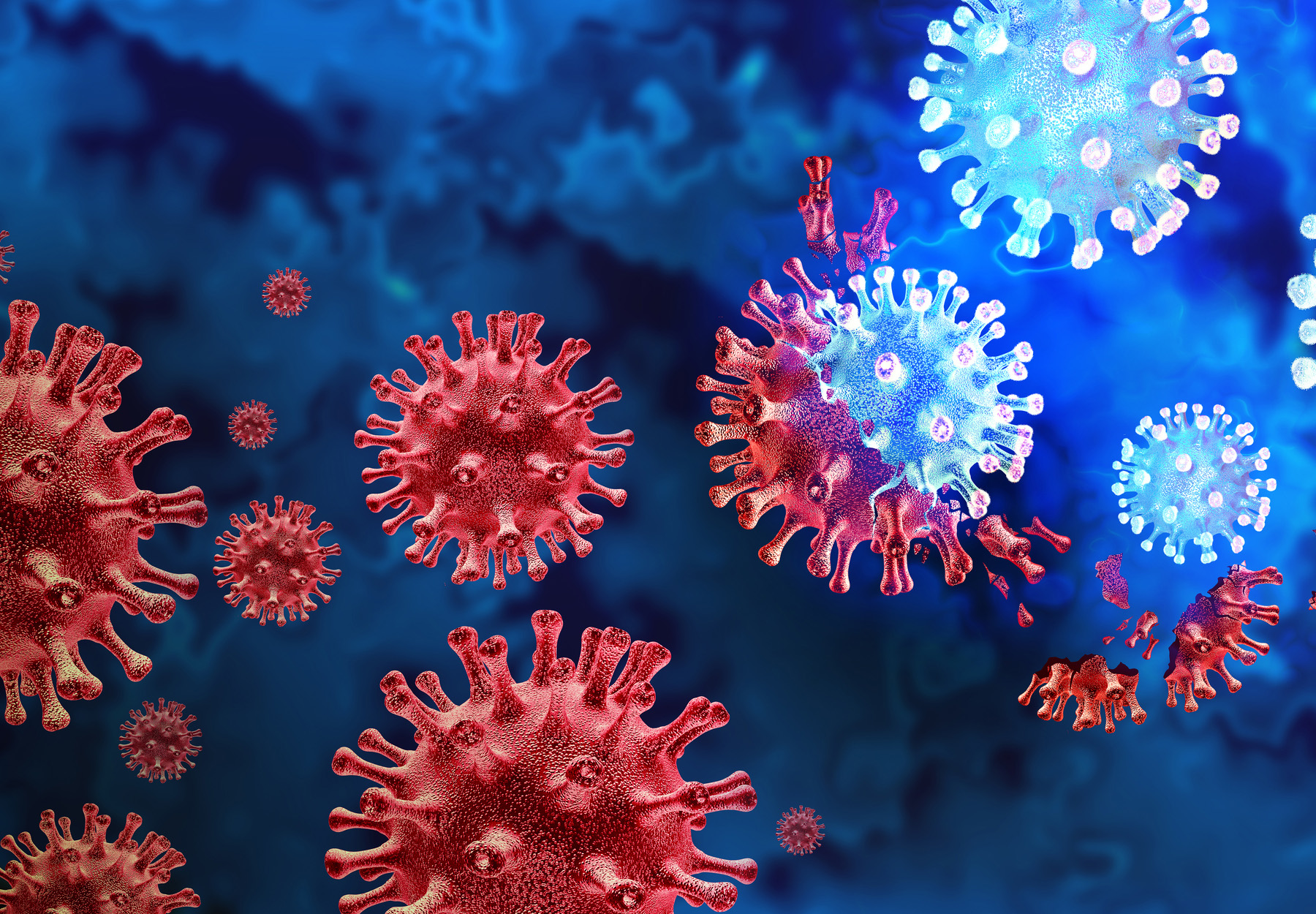 Stock image of red and blue COVID-19 virus molecules