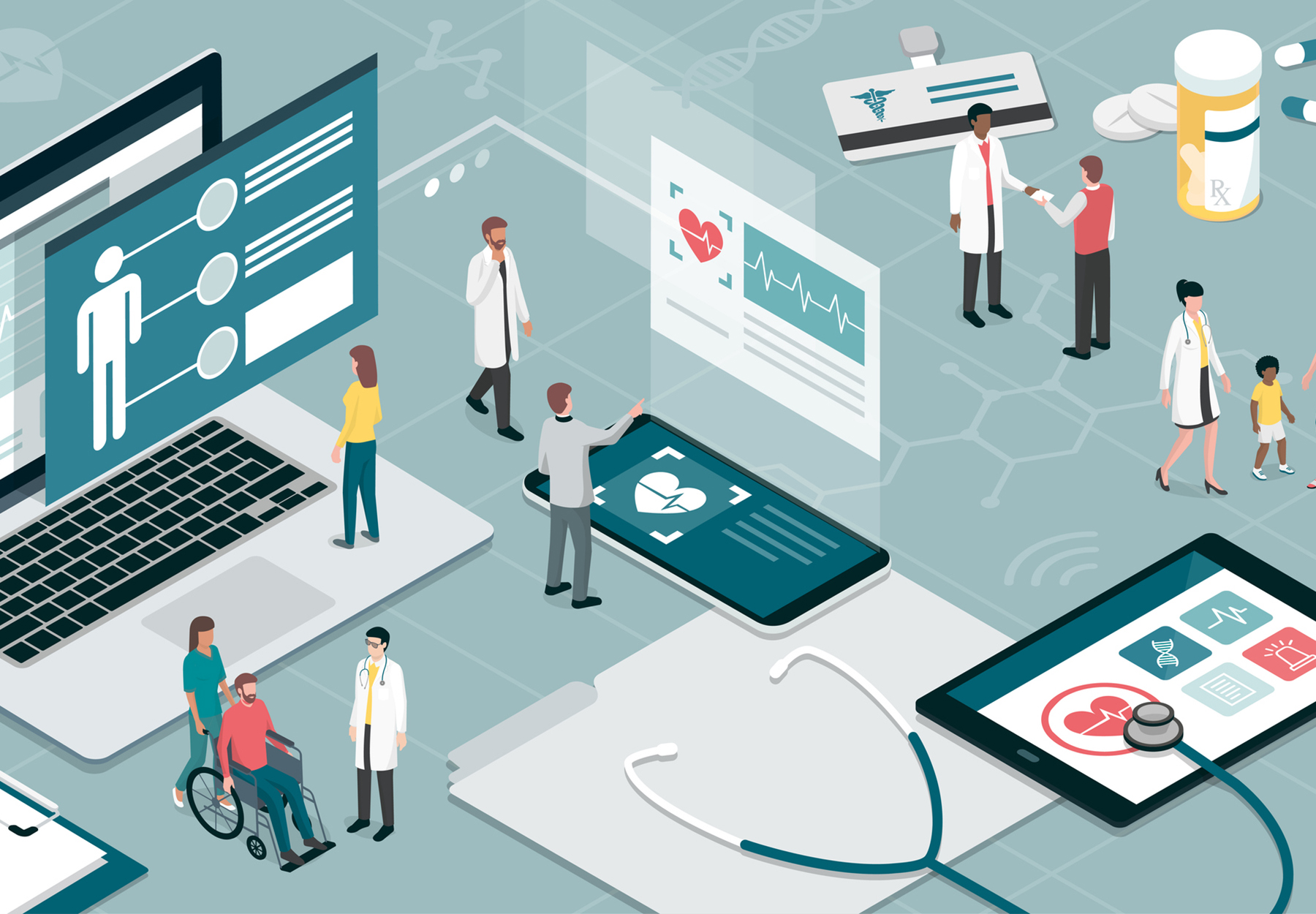 Healthcare and technology stock illustration showing health care workers and patients around screens, smartphones, and computers displaying various health icons