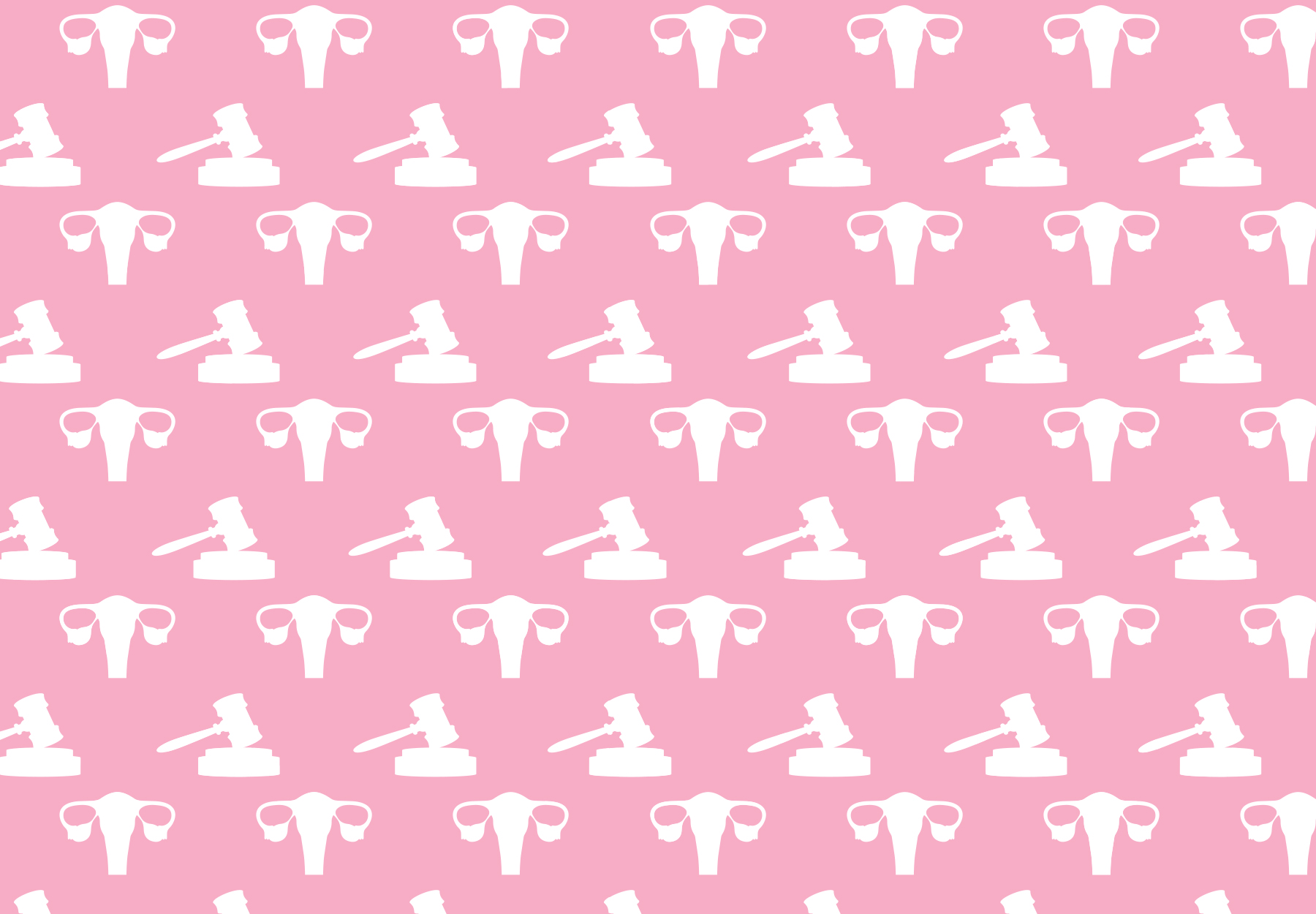 Vector seamless pattern of white gavels and uteruses on a pink square background to represent reproductive rights.
