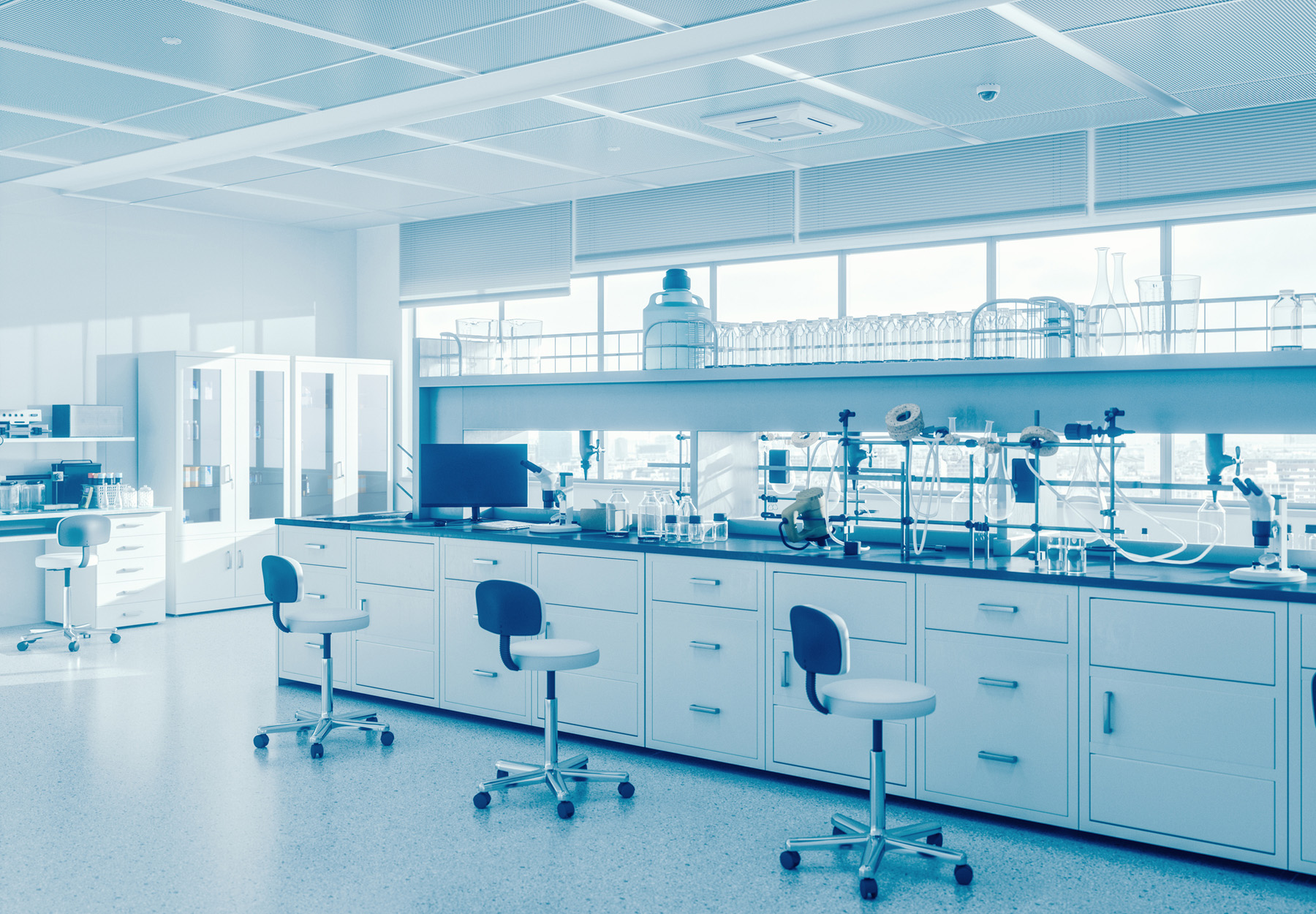 An empty laboratory in various shades of blue. Stock image.