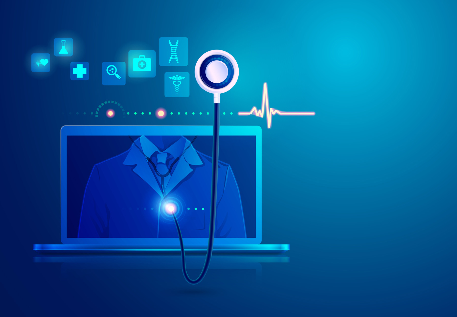 A stock illustration of a laptop with a doctor's coat and stethoscope to illustrate the concept of telemedicine.