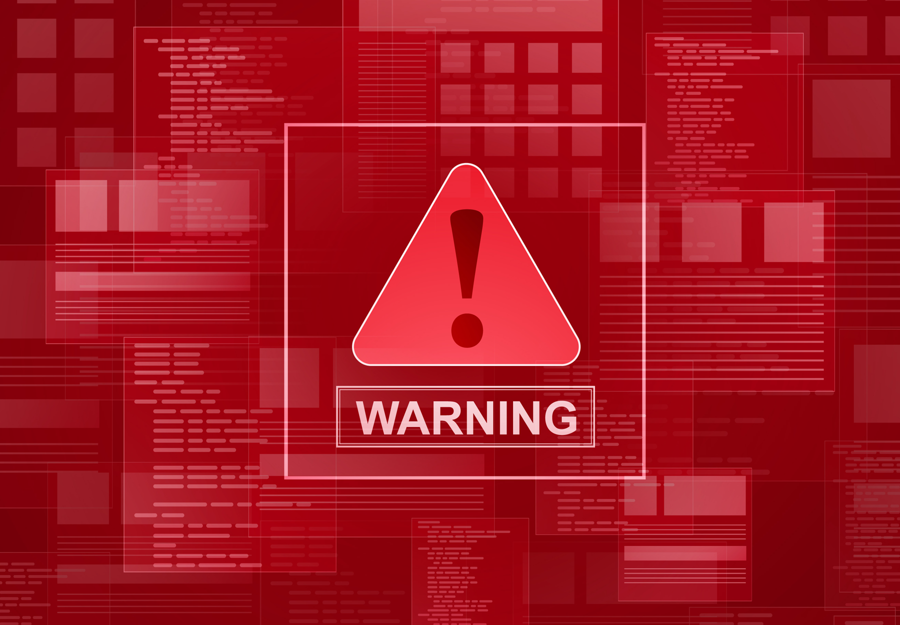 Red warning sign on various screens. Stock illustration.