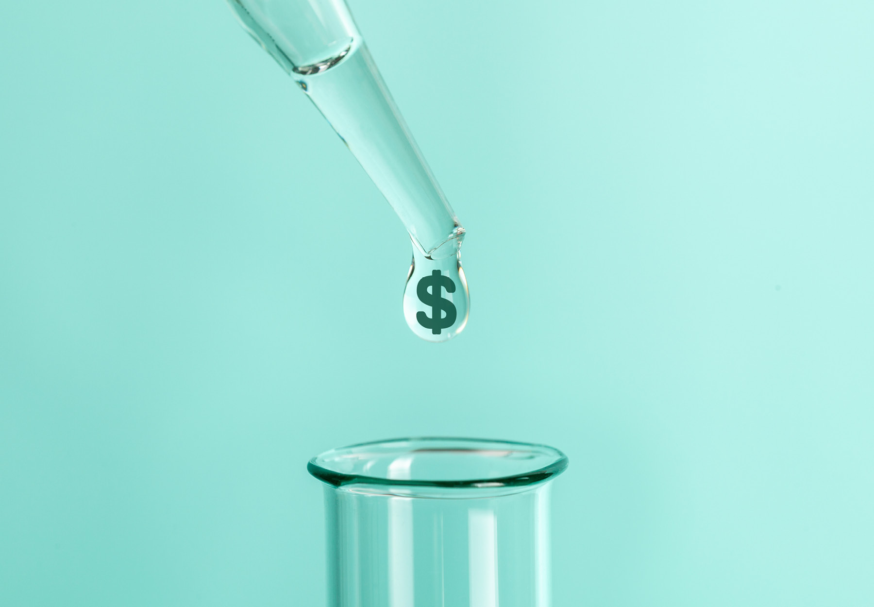 Stock photo illustration of a pipette dripping liquid with a dollar sign in it into a test tube to show the concept of laboratory test pricing