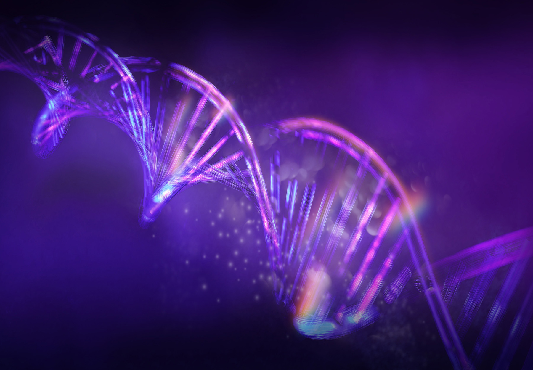 Diagonal model of abstract double helix DNA, glowing in virtual space. 3D render. Stock image.