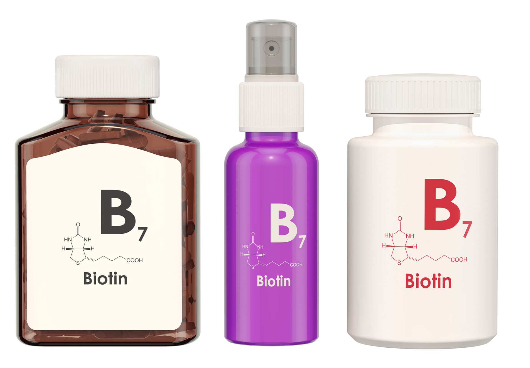 Stock image of three bottles of biotin (B7) supplements