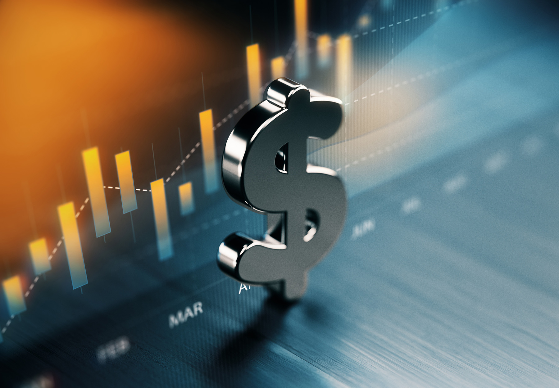 American dollar symbol standing on wood surface in front of a graph. Selective focus. Horizontal composition with copy space. Stock image.