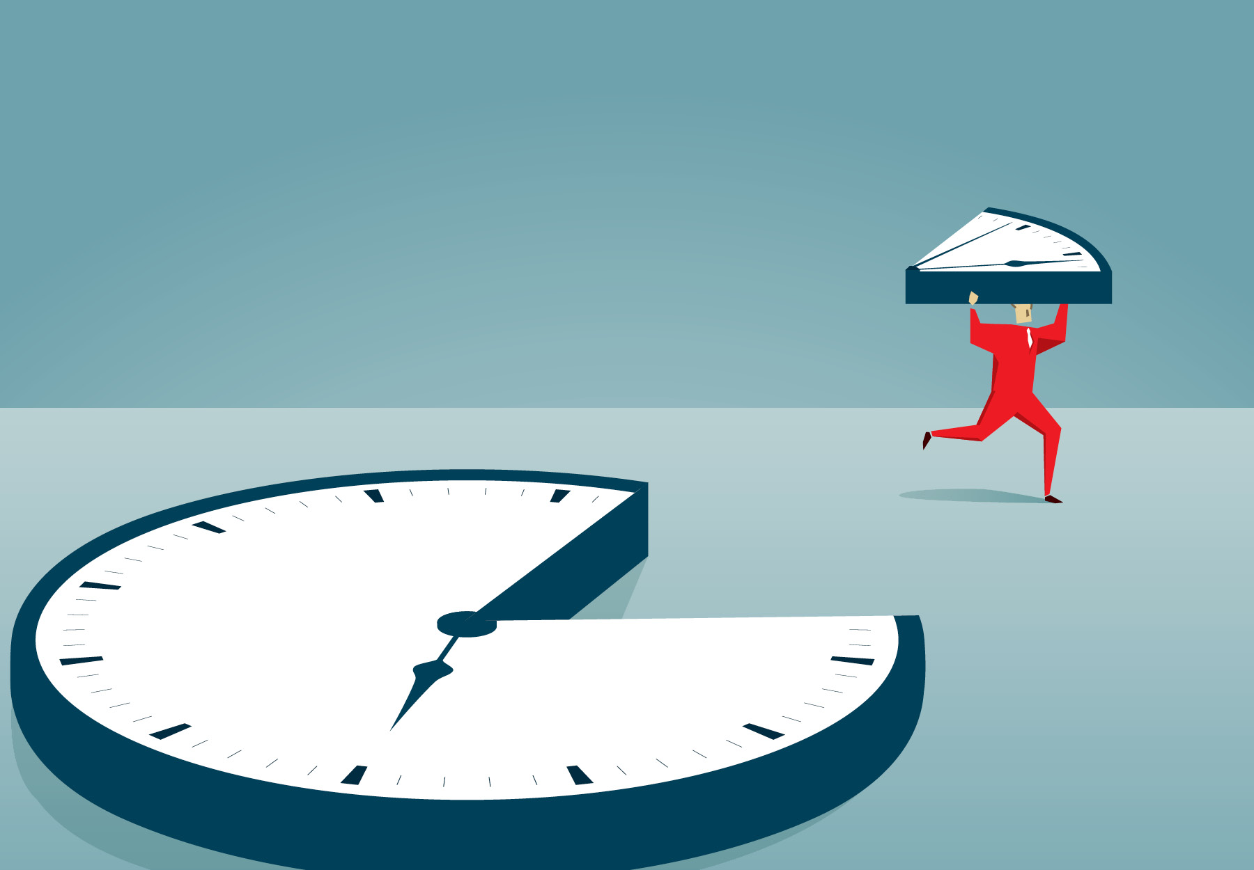 Illustration of a clock with a pie-shaped piece cut out. A red-suited figure is carrying the piece of clock away. TIme theft concept. Stock image.