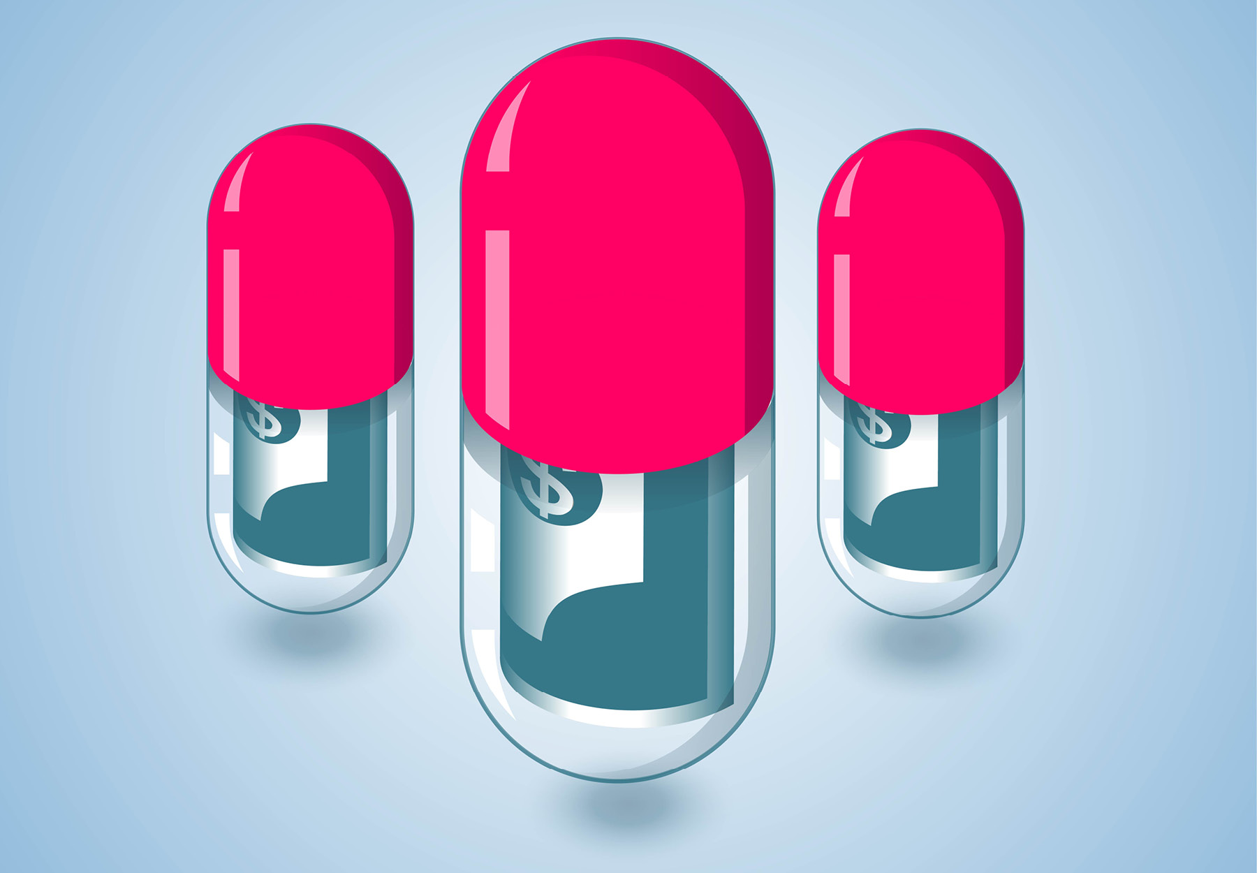 Illustration of red and clear pills with dollar bills inside to represent investigational new drug fees. Stock illustration.