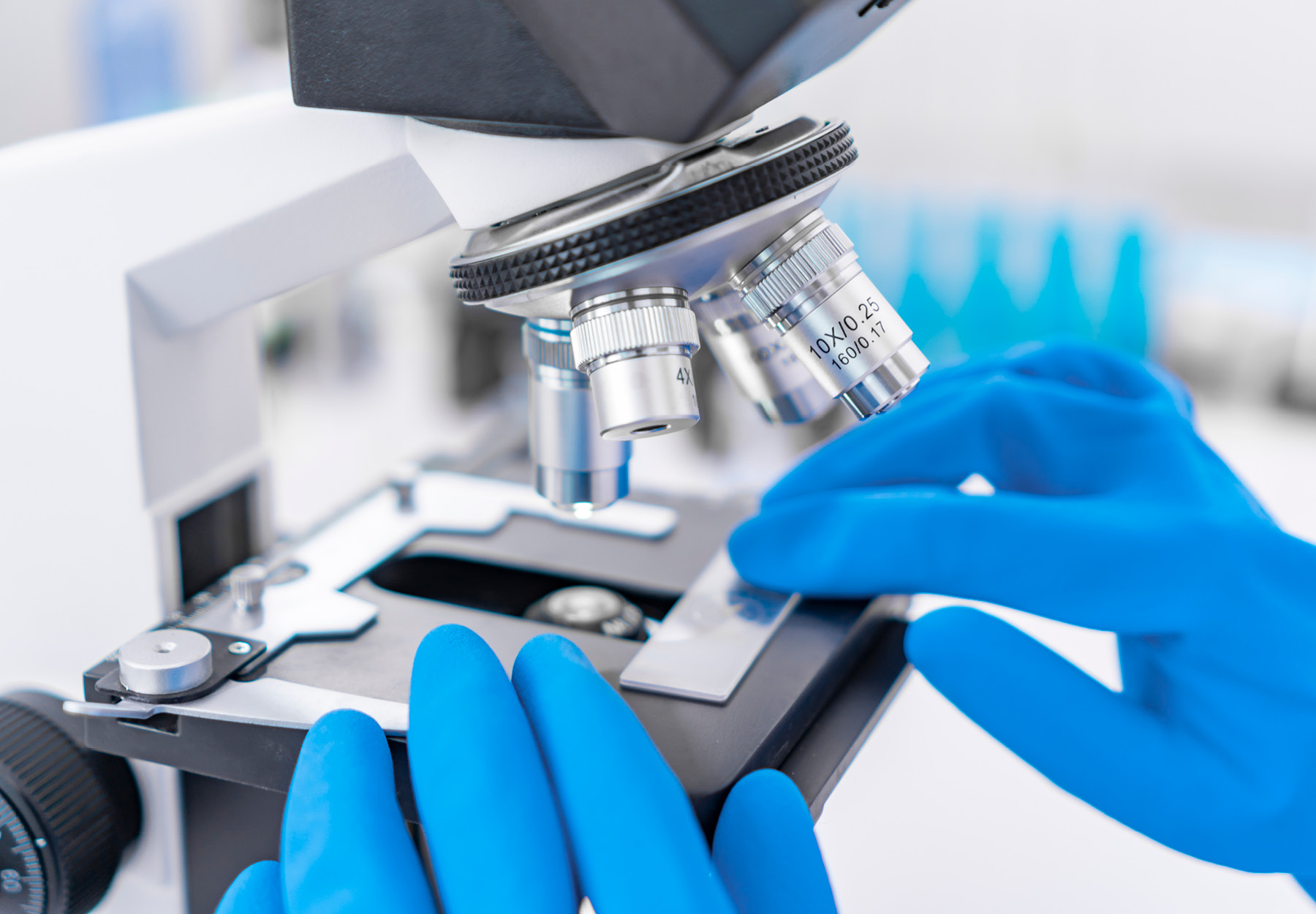 Closeup of pathologist's blue gloved hands placing a slide under the microscope. Stock photo.