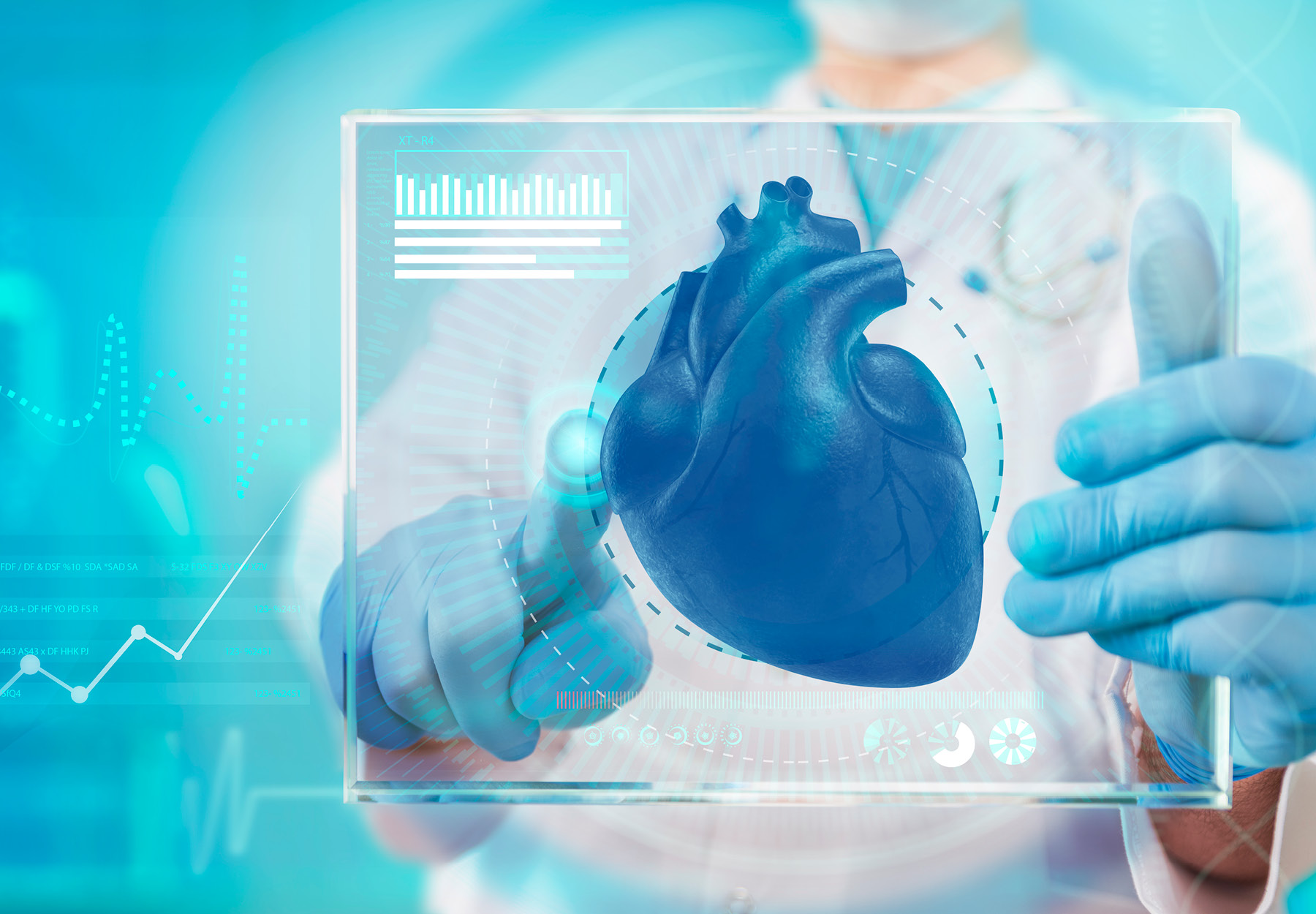 Illustration of scientist holding screen showing a heart in blue. Blue tones. Stock illustration.