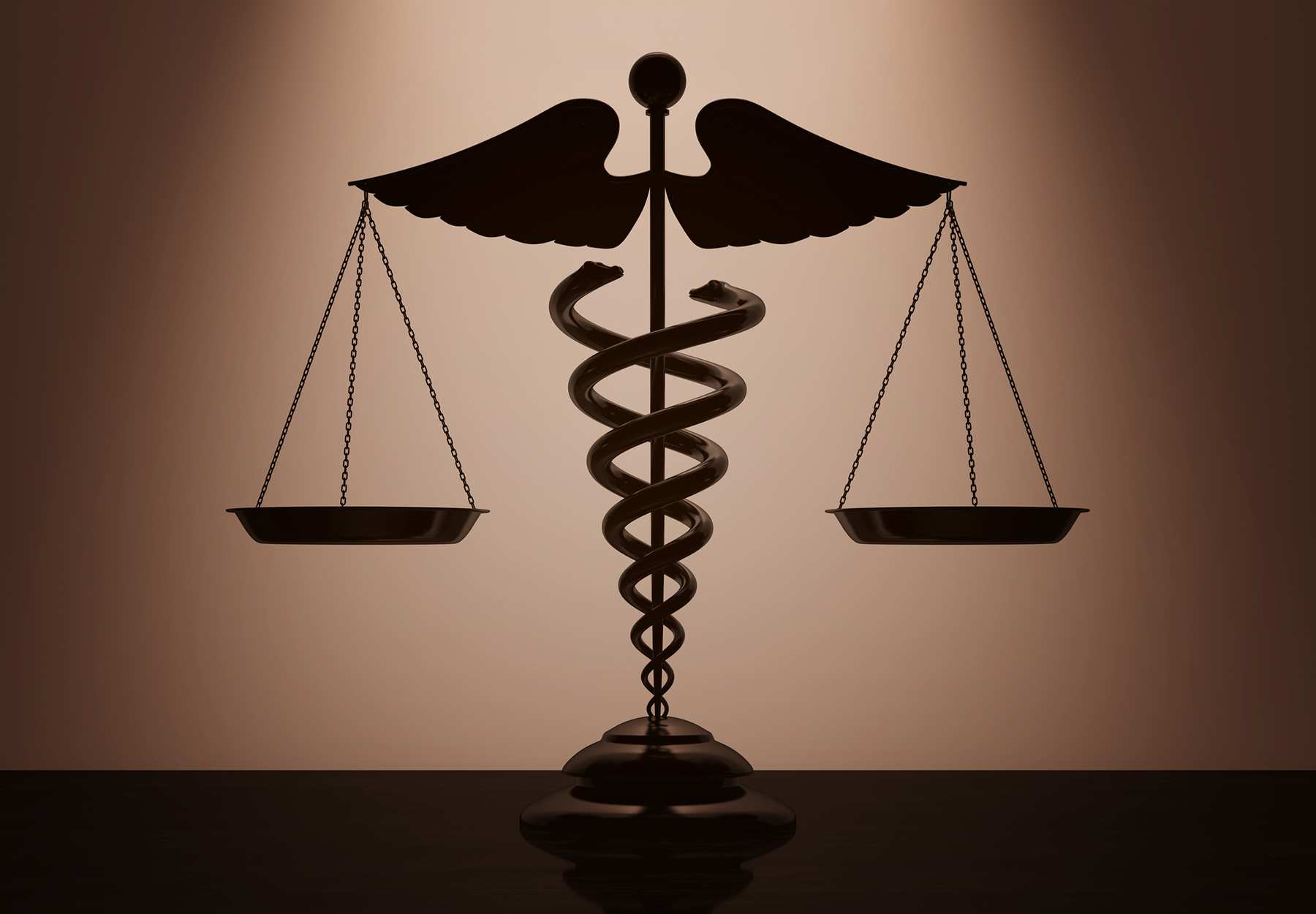 Medical Caduceus Symbol as Scales with backlight over Wall in dark room. 3d Rendering. Stock image.