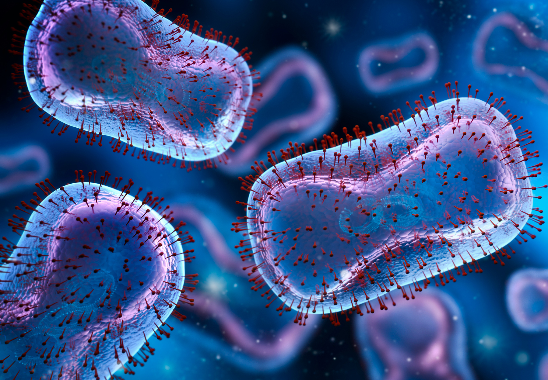 A blue, red, and purple illustration of the monkeypox virus. Stock illustration.