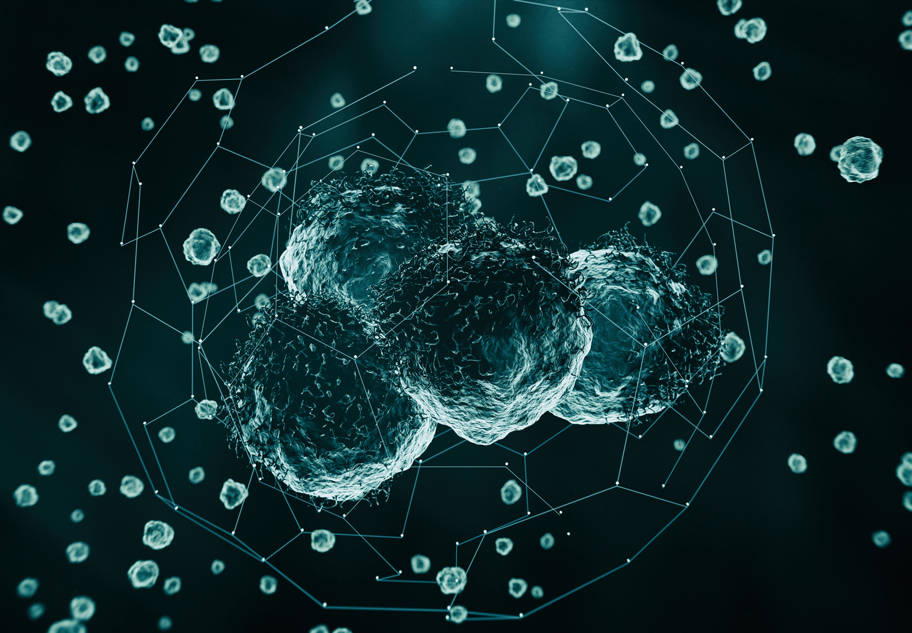 Teal-colored stylized image of cancer cells on a black background. Cancer testing concept. Stock image.