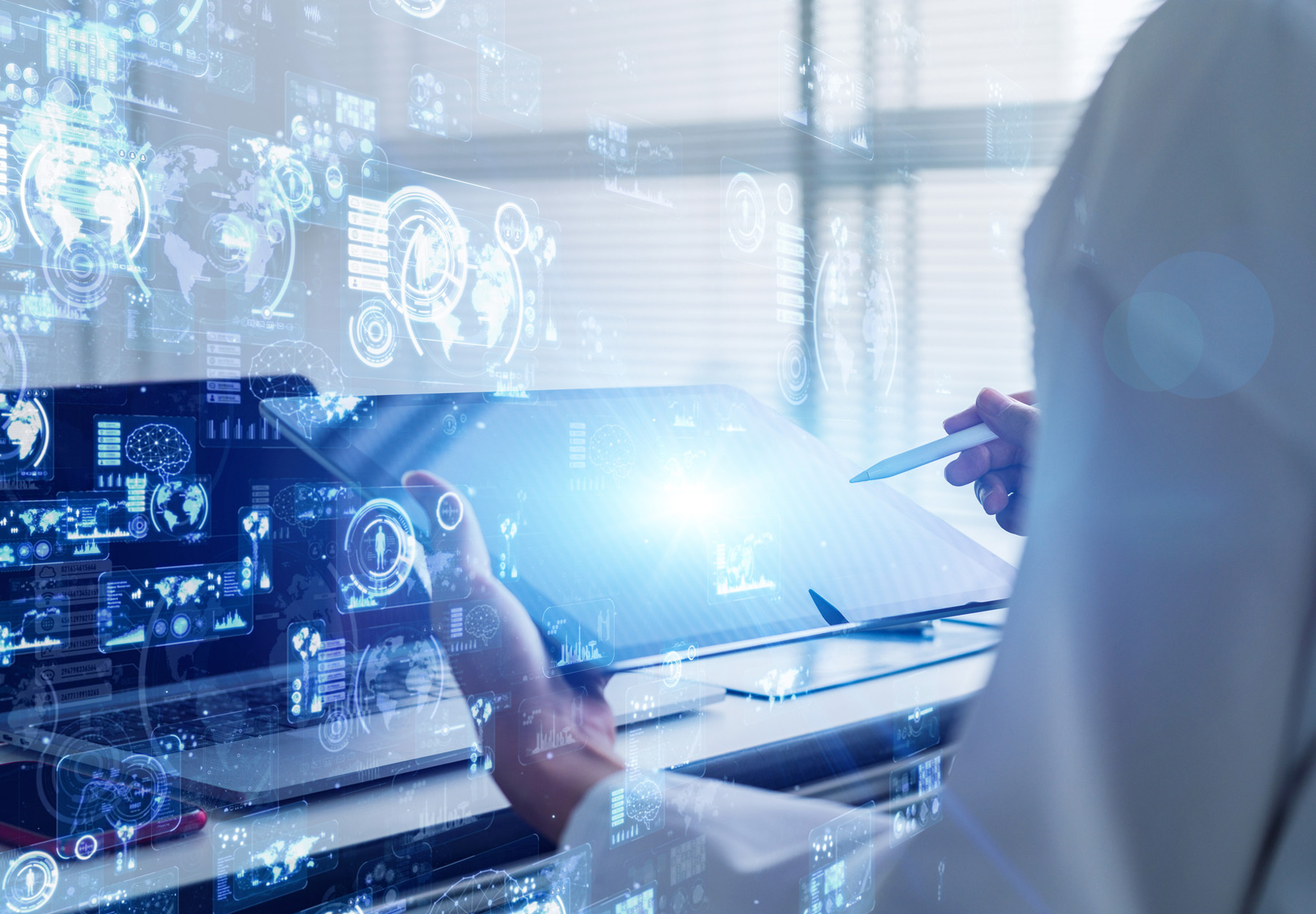 Laboratory worker using tablet with stylus. Graphical overlay of medical technology icons emerging from tablet. Blue and white hues. Medical technology innovation concept. Stock image.