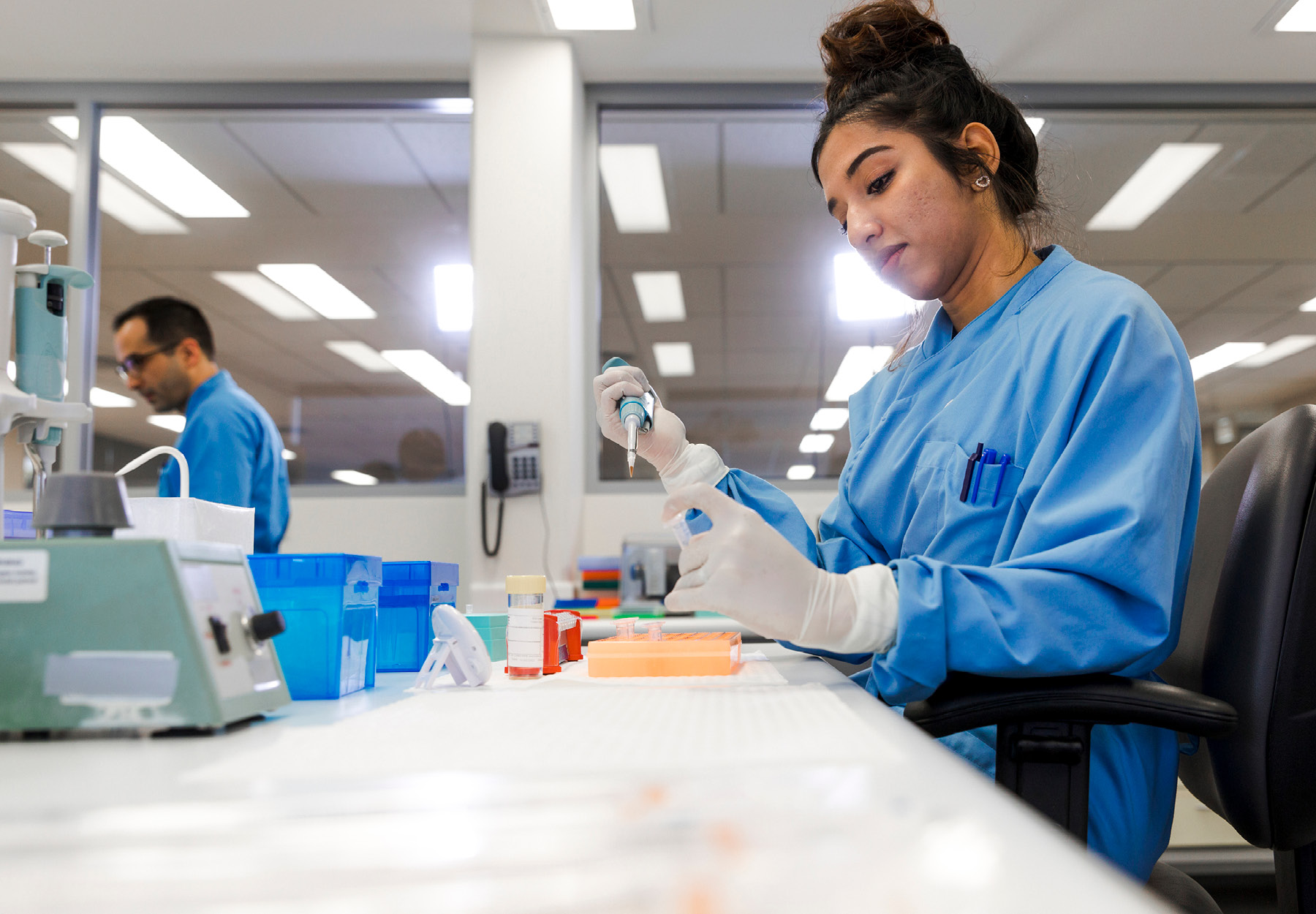 Female lab worker pipetting during a diagnostic test in the lab. Stock photo.