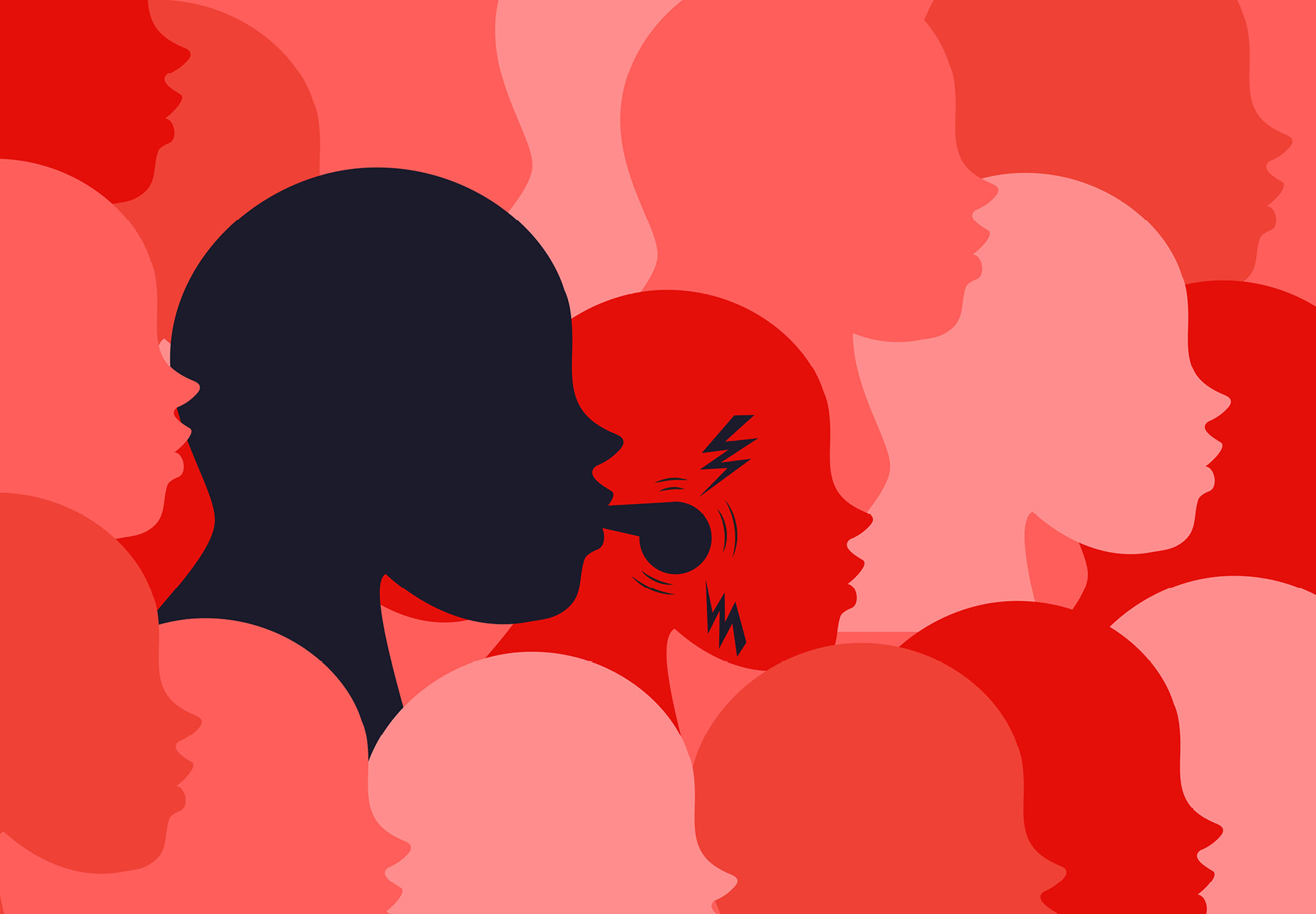 Illustration of the black silhouette of a person blowing a whistle among the silhouettes of several other people in various shades of red. Whistleblower concept. Stock illustration.