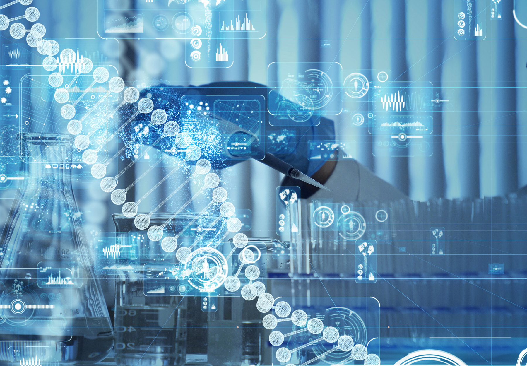 A closeup image of a lab worker's gloved hand pipetting with a pale graphical overlay of DNA and various other healthcare industry symbols. Stock image.