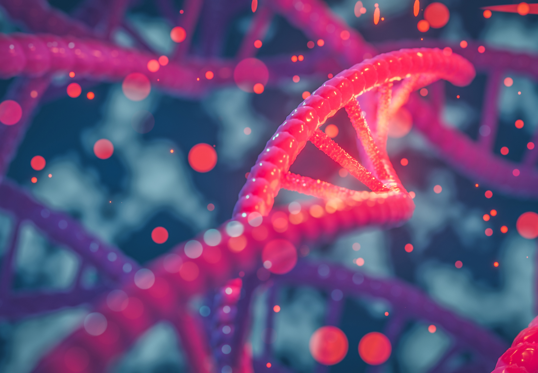 Illustration of DNA and particles in red on a blue-grey-teal background to show the concept of life science company mergers and acquisitions. Stock image.