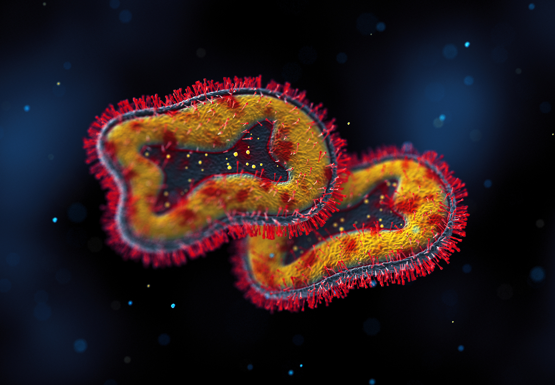 Yellow and red illustration of monkeypox virus on a dark blue background. Stock image.