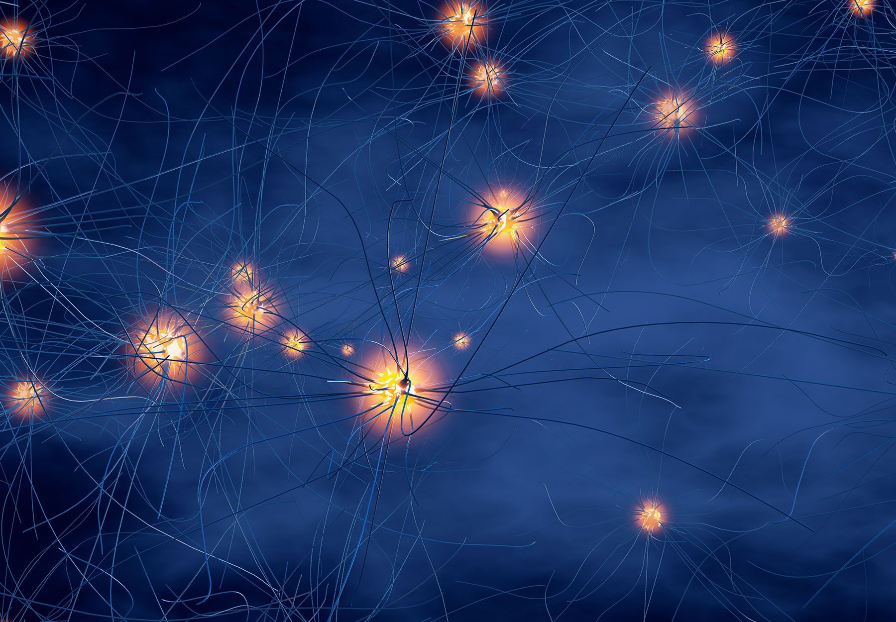 3d illustration of transmitting synapse, neuron, or nerve cell. Neurology concept. Orange synapses. Dark blue background. Stock image.